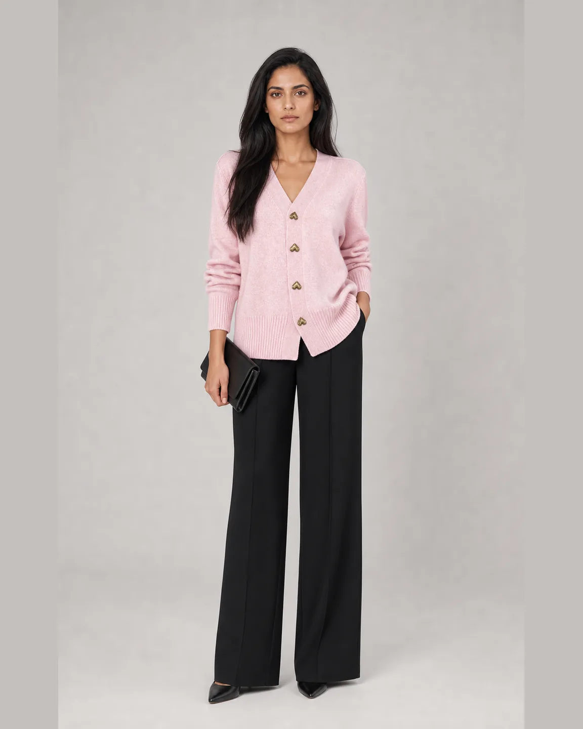 Cora-Mae Elegant Cardigan in Pink — full-body studio view