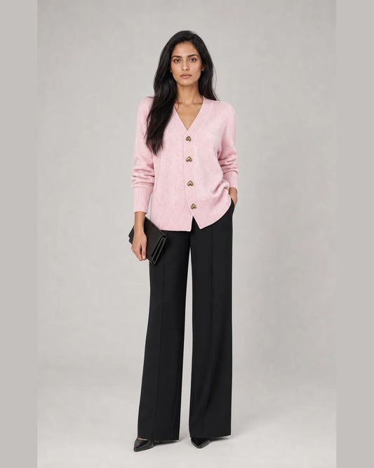 Cora-Mae Elegant Cardigan in Pink — full-body studio view