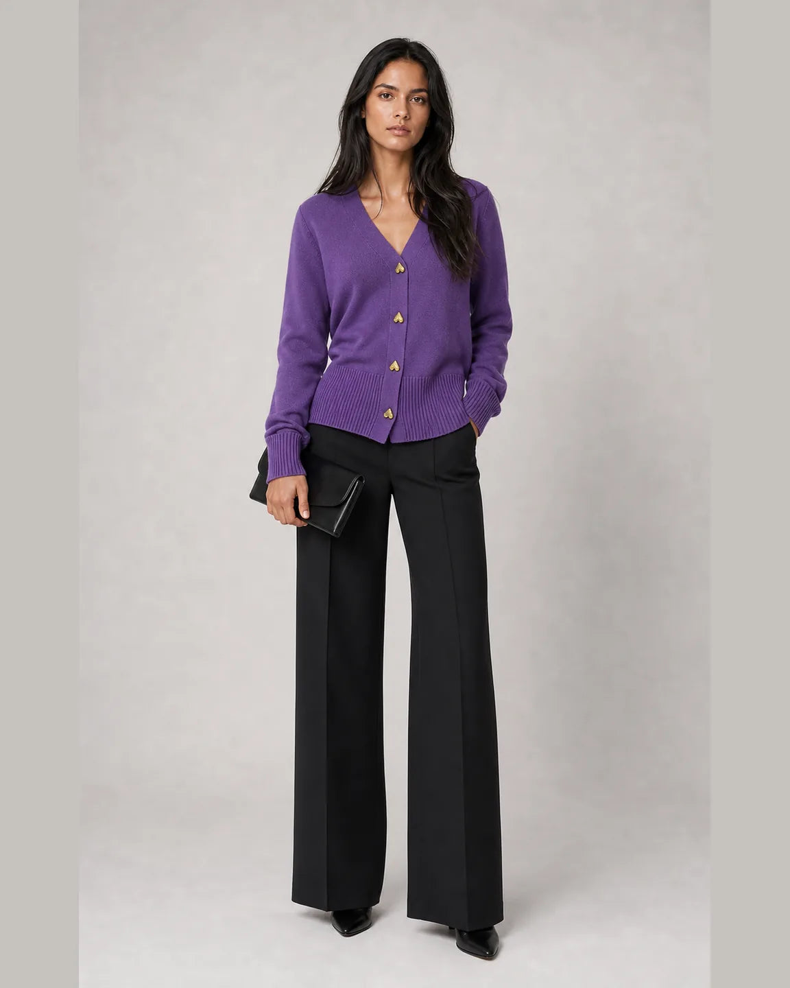 Cora-Mae Elegant Cardigan in Purple — full-body studio view
