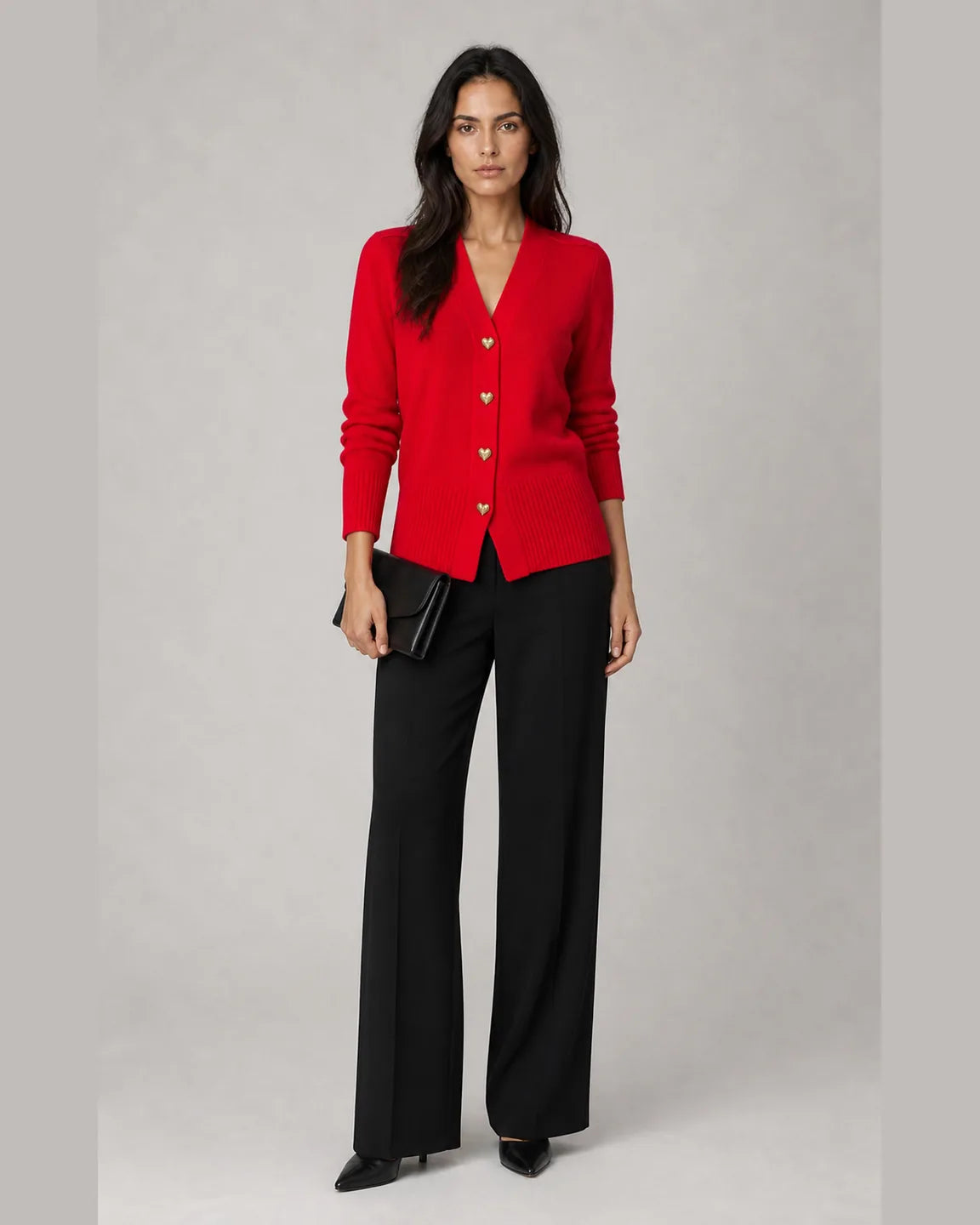 Cora-Mae Elegant Cardigan in Red — full-body studio view