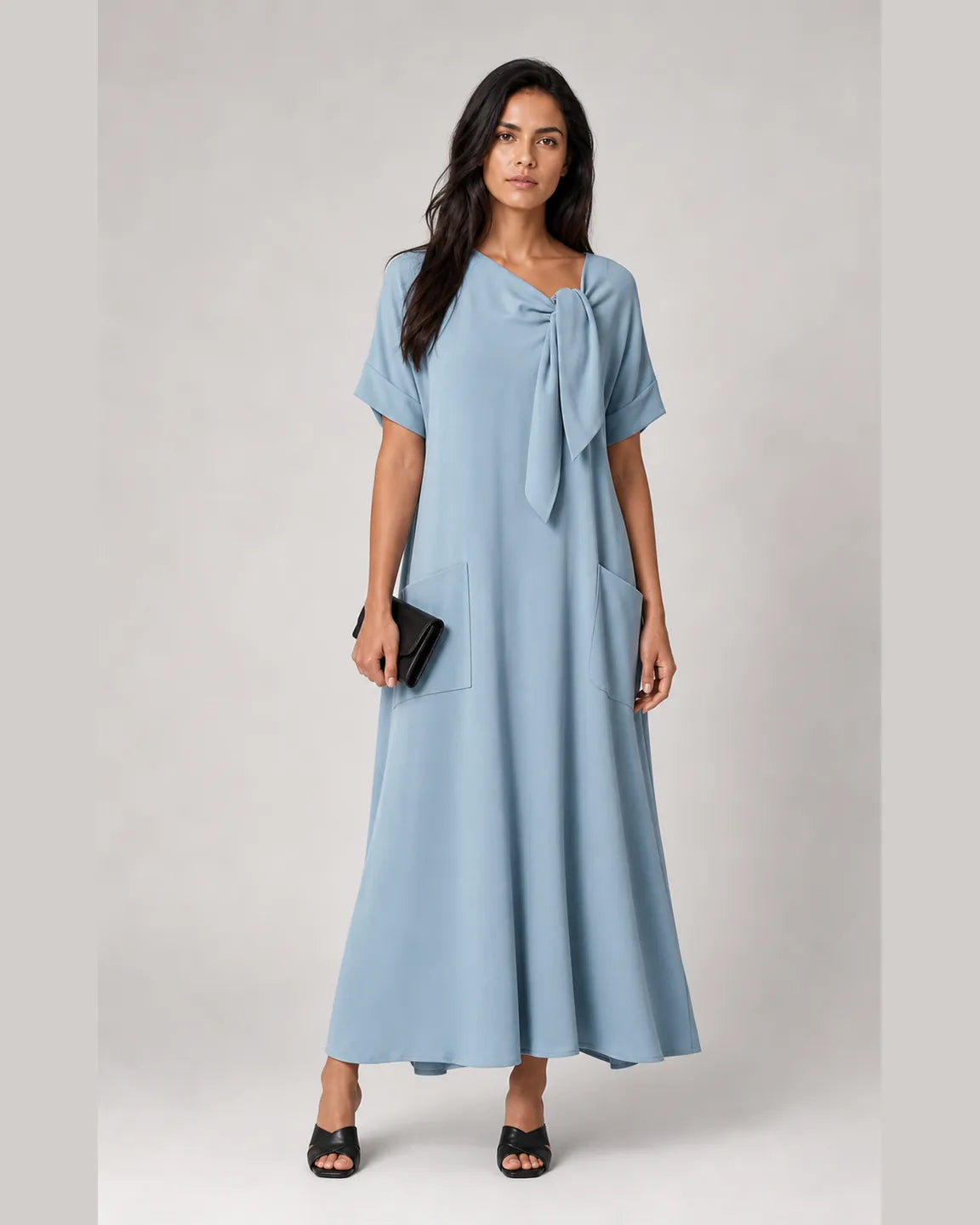 Della-Belle Elegant Dress with Pockets in Blue — full-body studio view