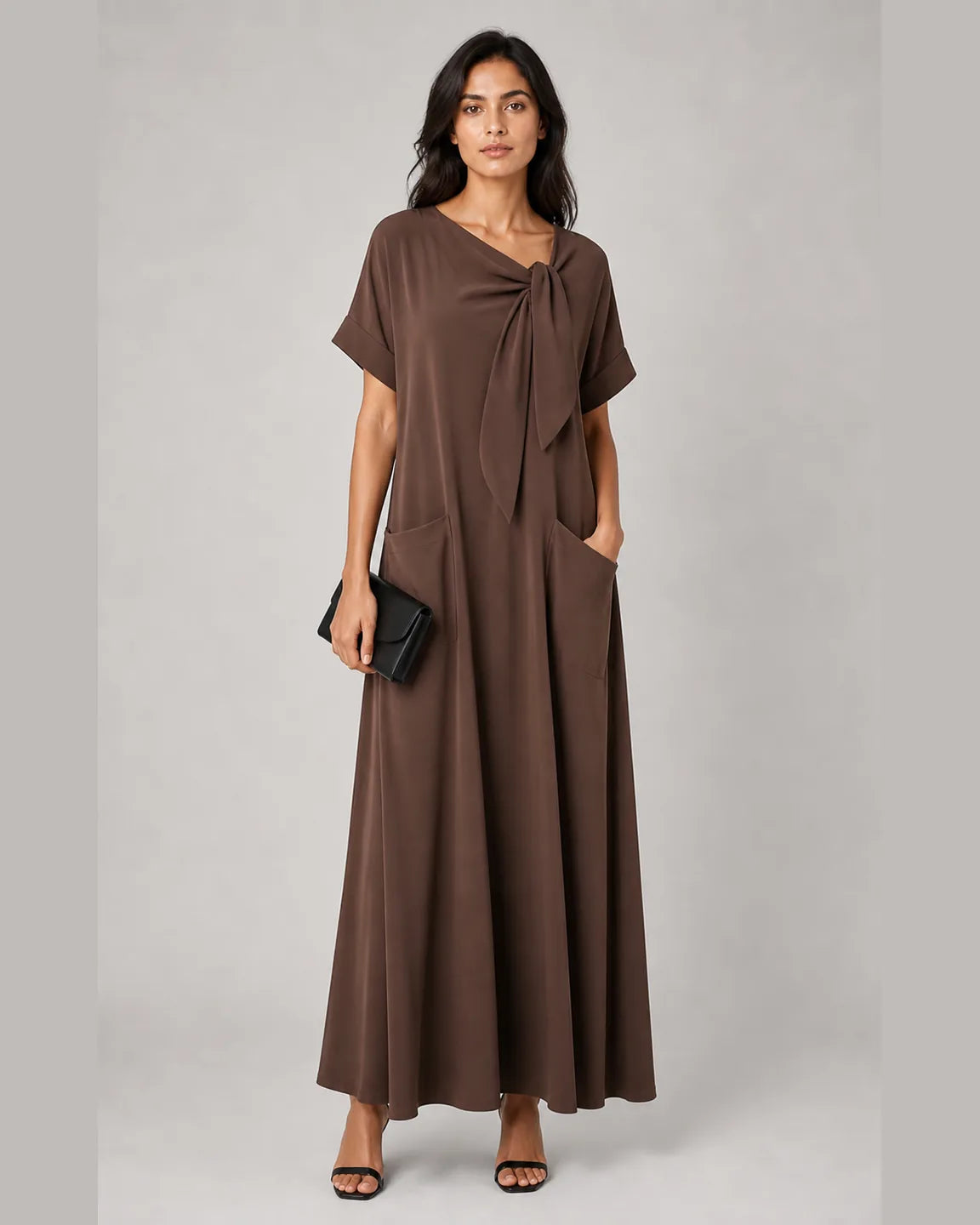 Della-Belle Elegant Dress with Pockets in Brown — full-body studio view