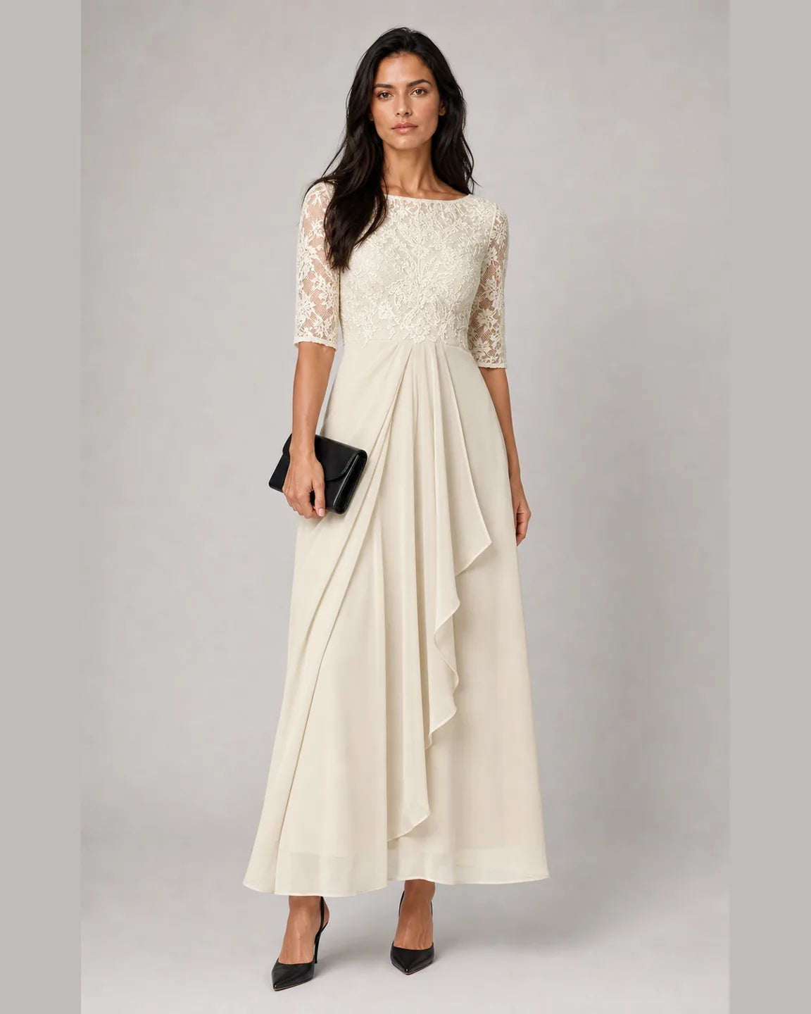 Della-Faye Elegant Dress in Cream — full-body studio view