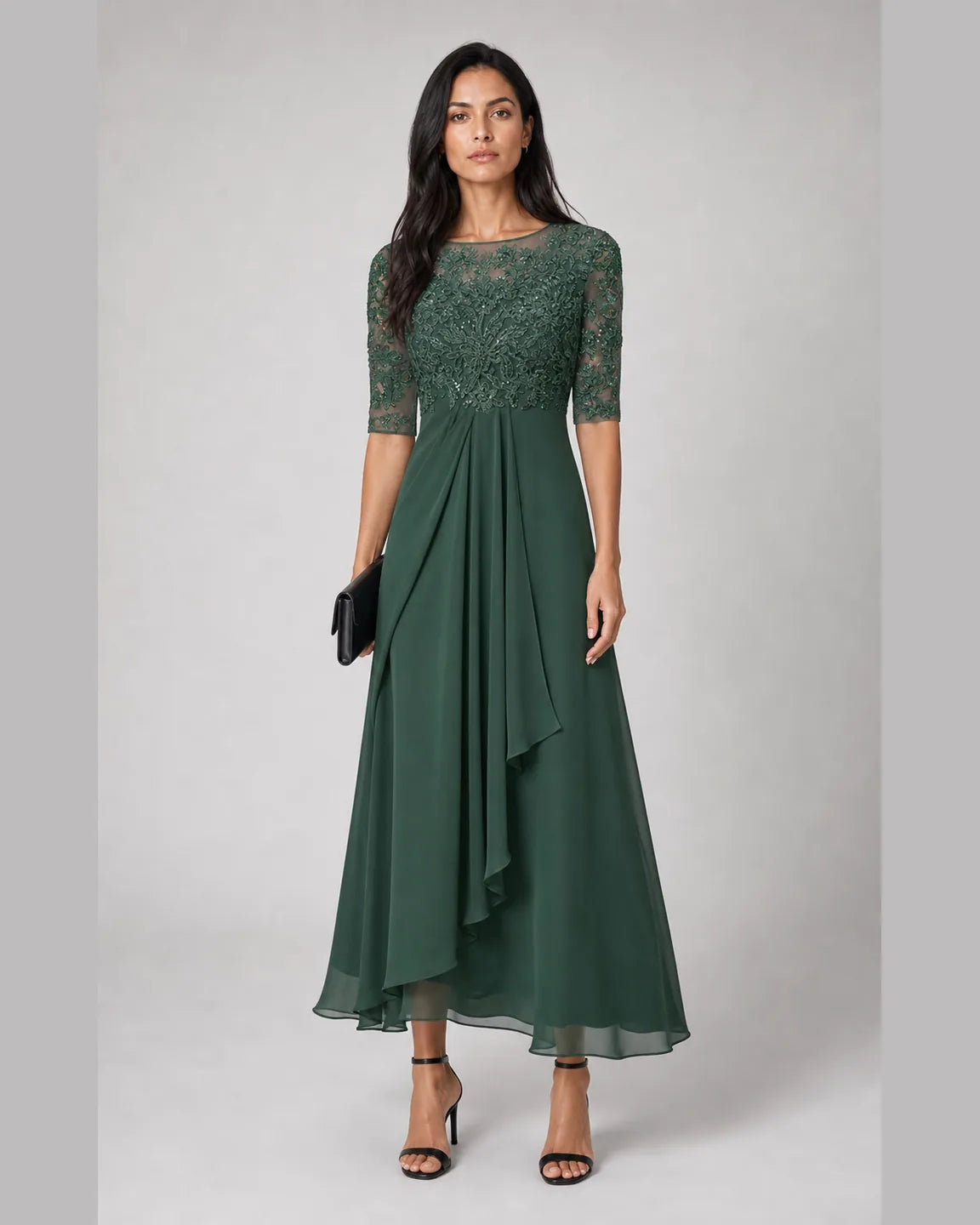 Della-Faye Elegant Dress in Green — full-body studio view