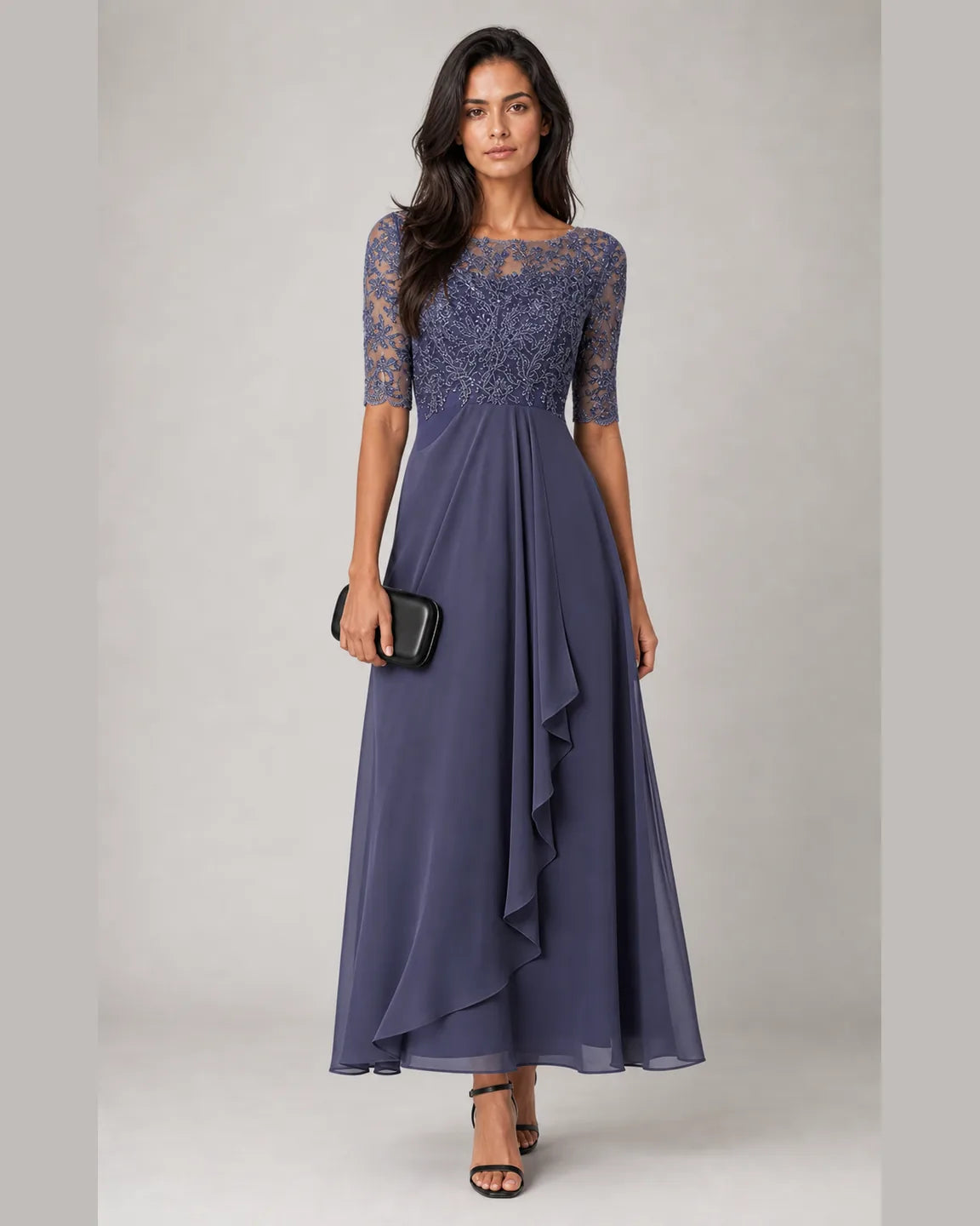 Della-Faye Elegant Dress in Purple — full-body studio view