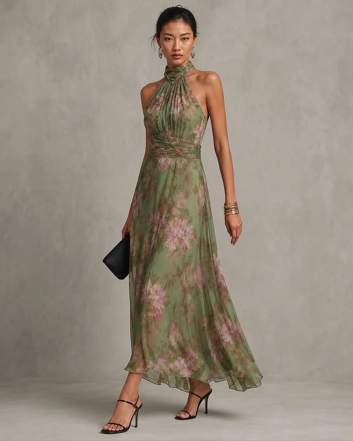 Della-June Elegant Floral Dress — three-quarter studio view