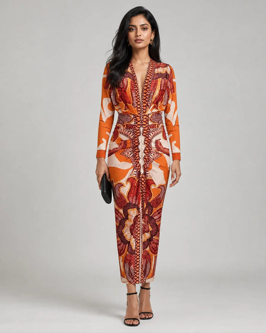 Della-Mae Elegant V-Neck Dress — full-body studio view