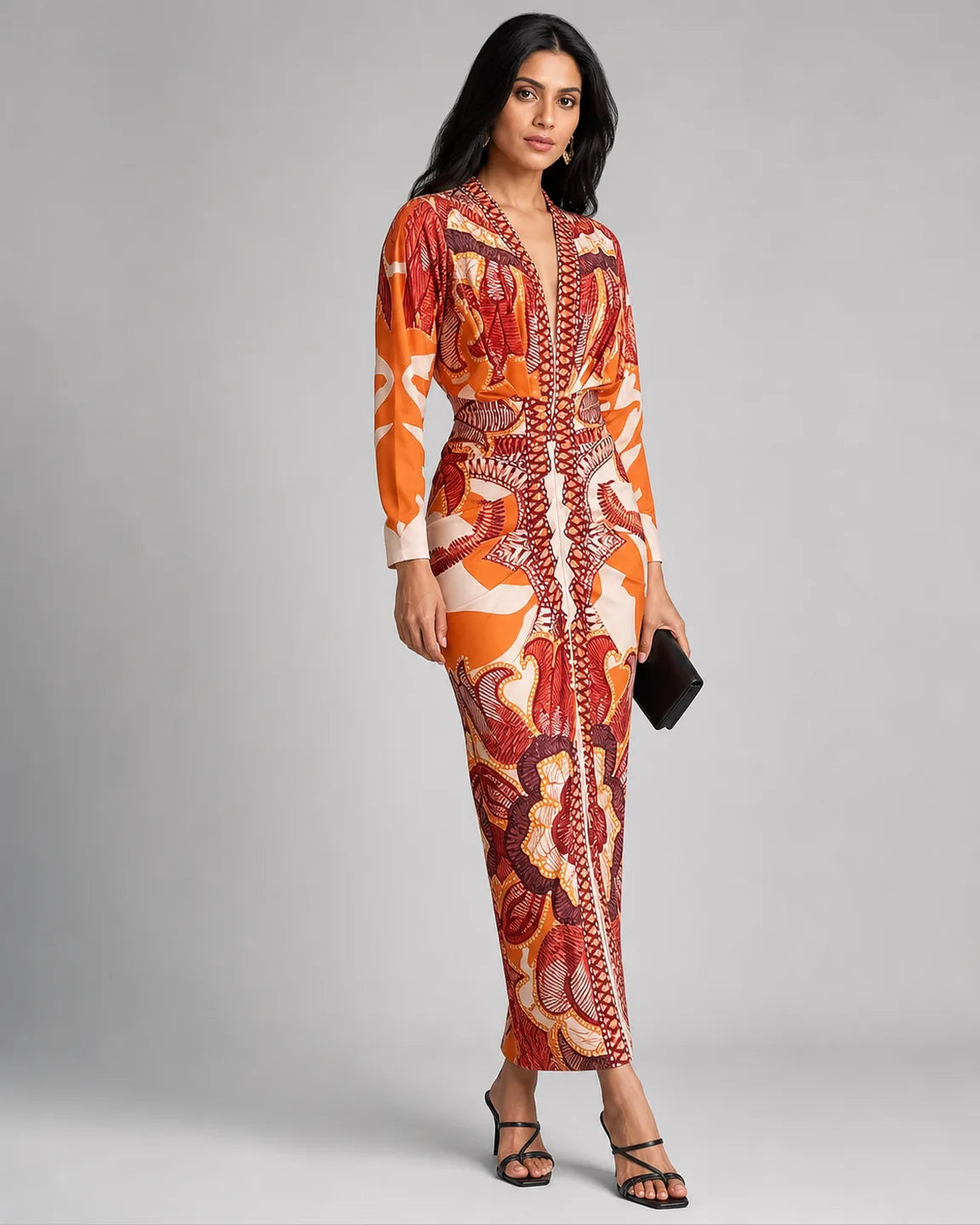 Della-Mae Elegant V-Neck Dress — three-quarter studio view