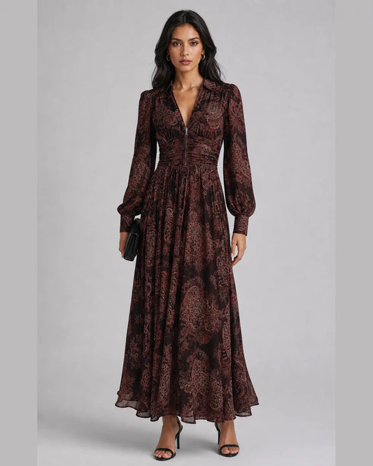 Della-Pearl Paisley Zip Maxi Dress — full-body studio view