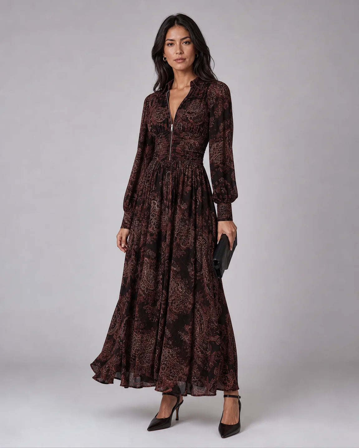Della-Pearl Paisley Zip Maxi Dress — three-quarter studio view