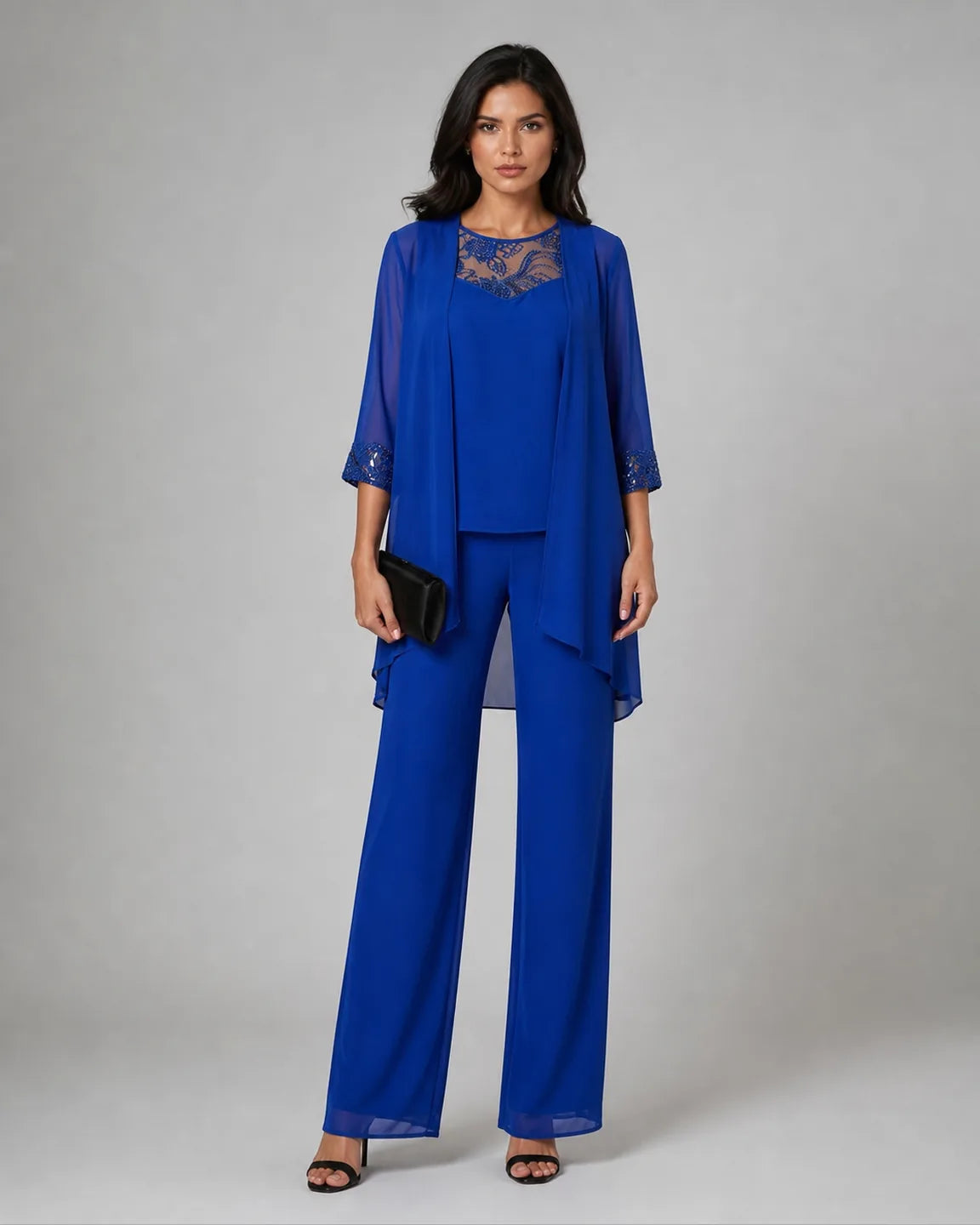 Della-Rose Elegant Three-Piece Set in Blue — full-body studio view