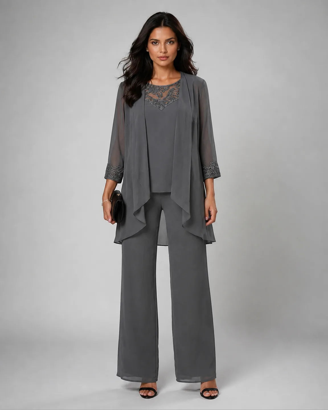Della-Rose Elegant Three-Piece Set in Gray — full-body studio view