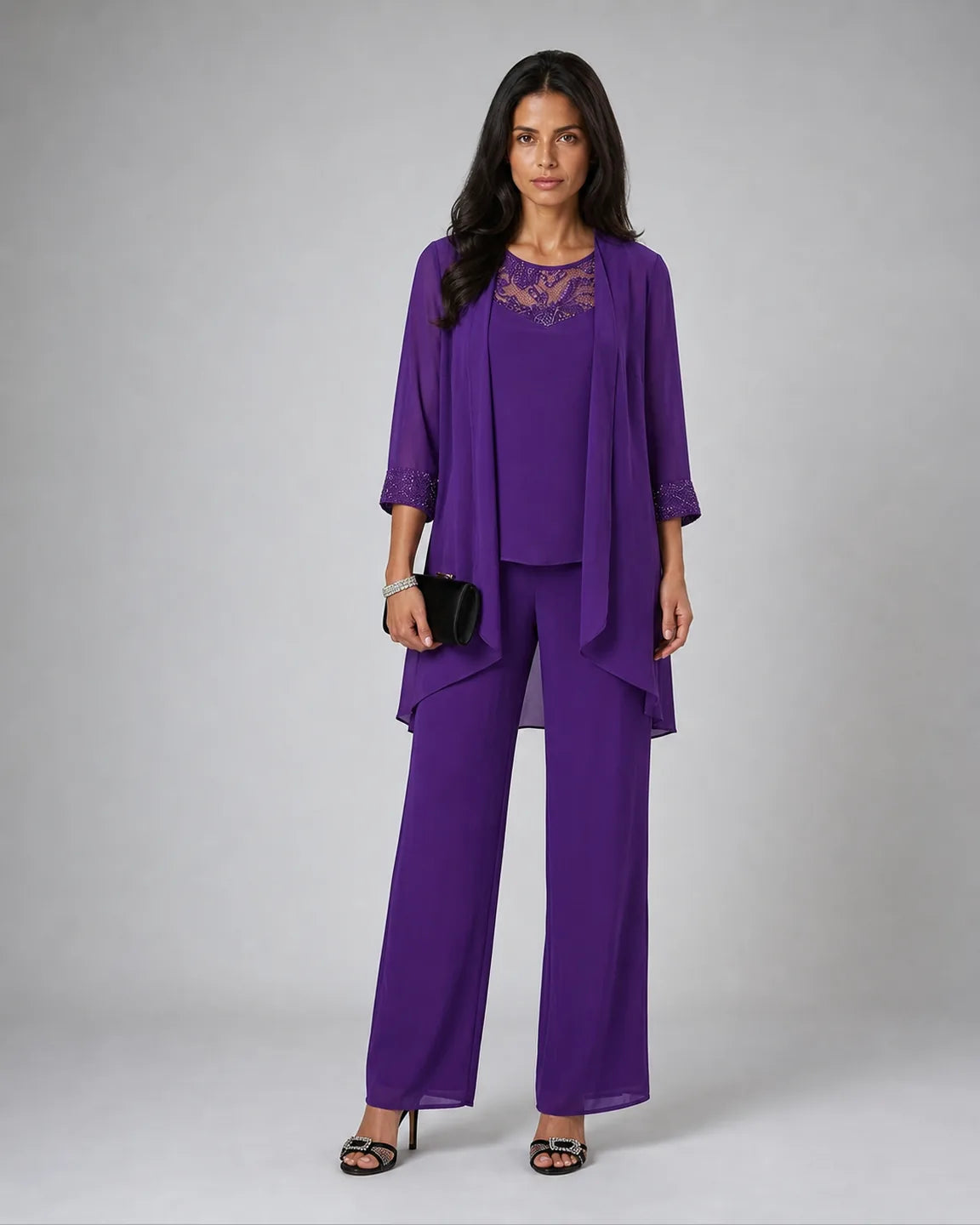 Della-Rose Elegant Three-Piece Set in Purple — full-body studio view