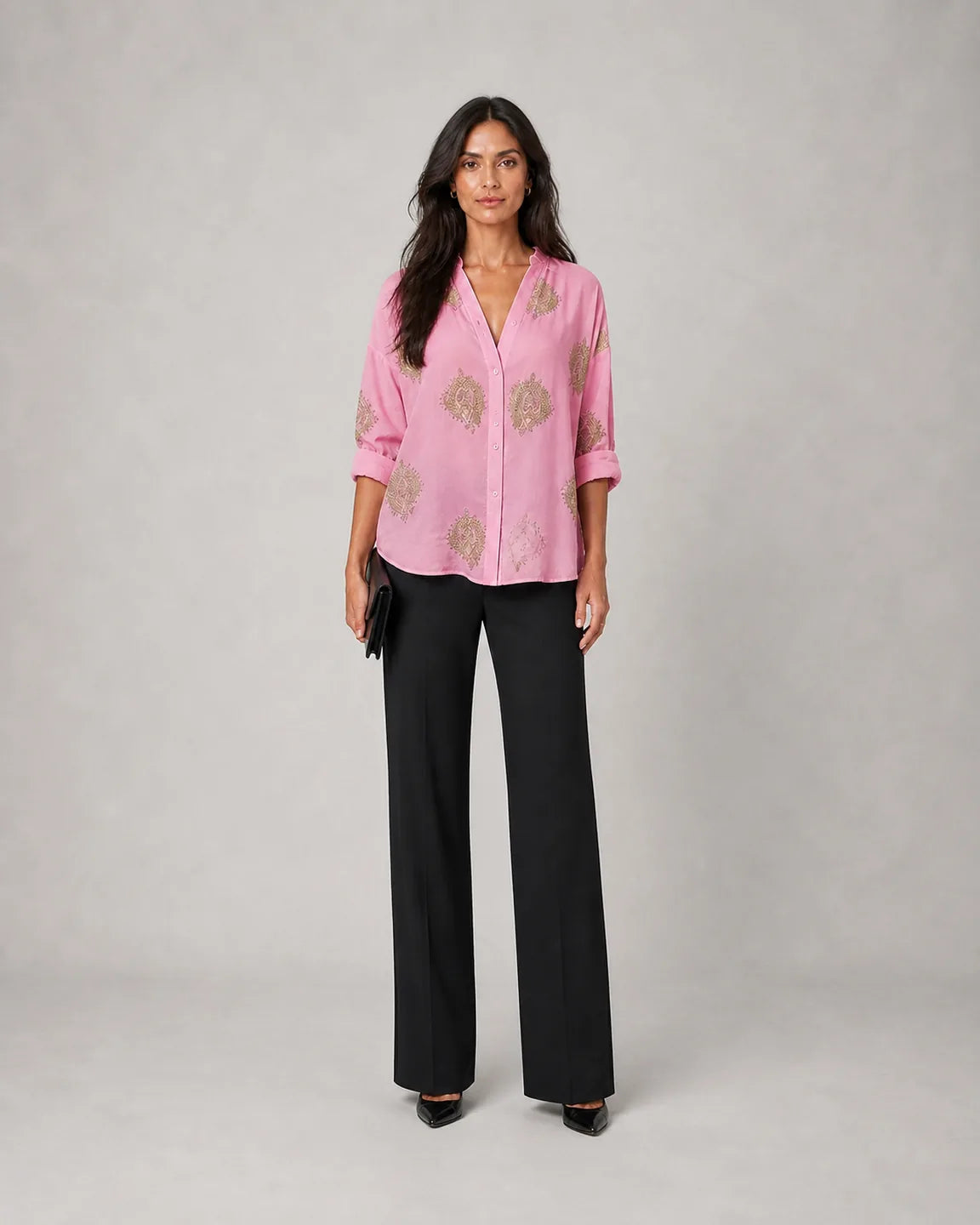 Elsa-Belle™ Breathable Blouse in Coral Pink - full body studio front view