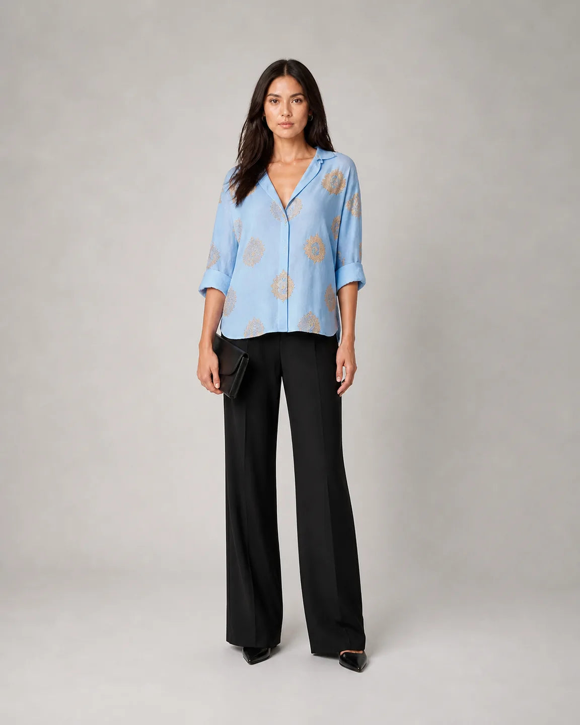 Elsa-Belle™ Breathable Blouse in Ocean Blue - full body studio front view