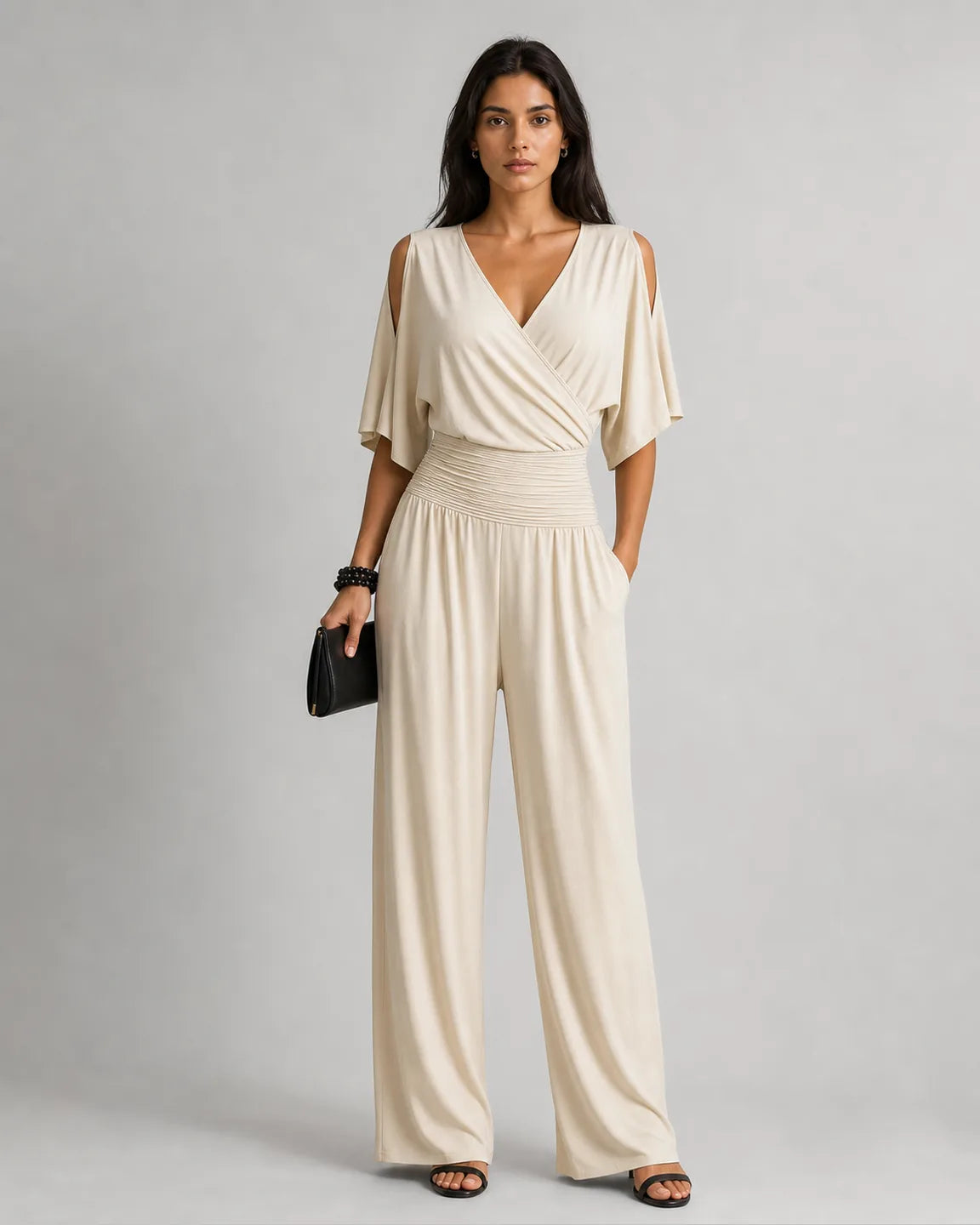 Elsa-Faye Elegant Jumpsuit in Beige — full-body studio view