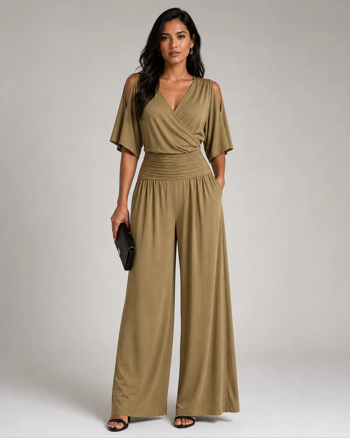 Elsa-Faye Elegant Jumpsuit in Khaki — full-body studio view