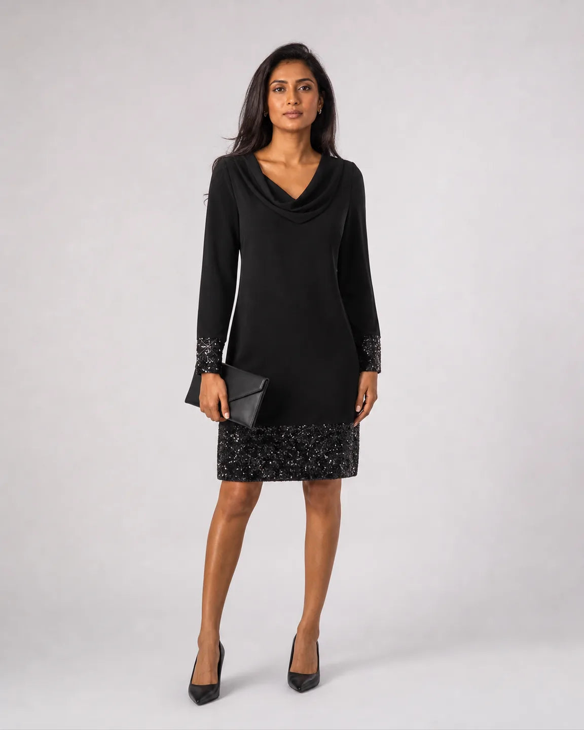 Elsa-Grace Patchwork Dress in Black — full-body studio view