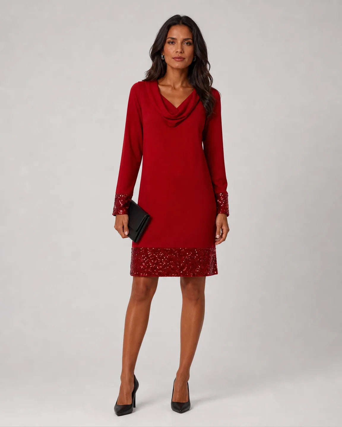 Elsa-Grace Patchwork Dress in Red — full-body studio view