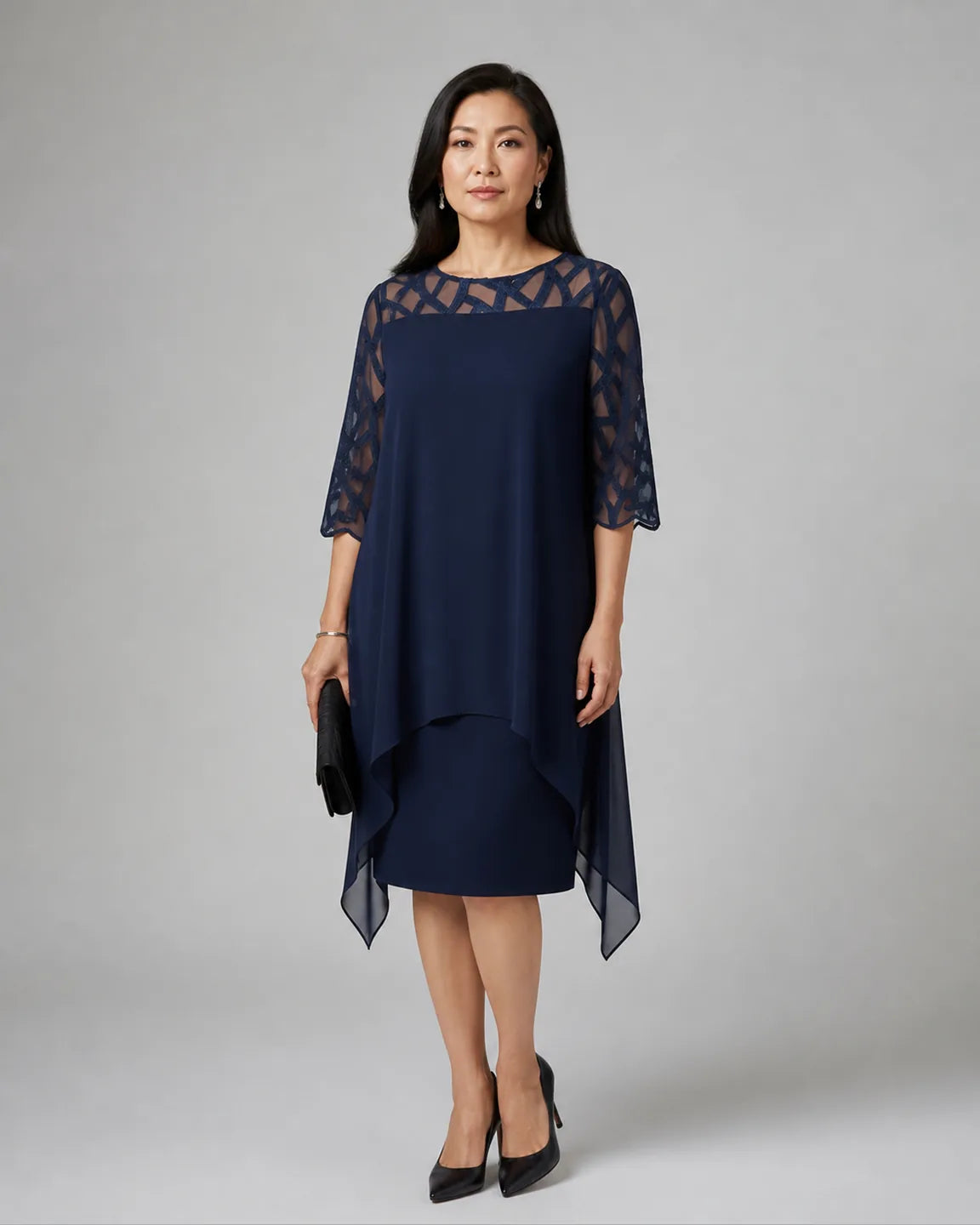 Elsa-Mae Elegant Lace Dress in Deep Blue — full-body studio view