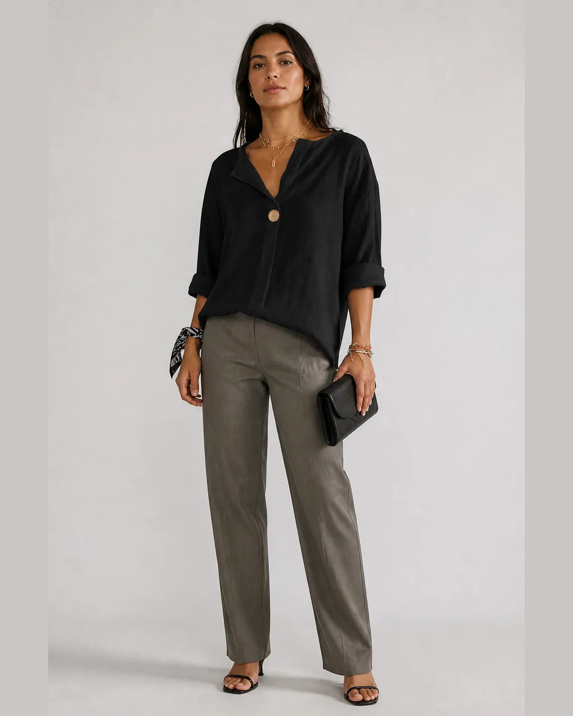 Elsa-Pearl Classic Blouse in Black — full-body studio view