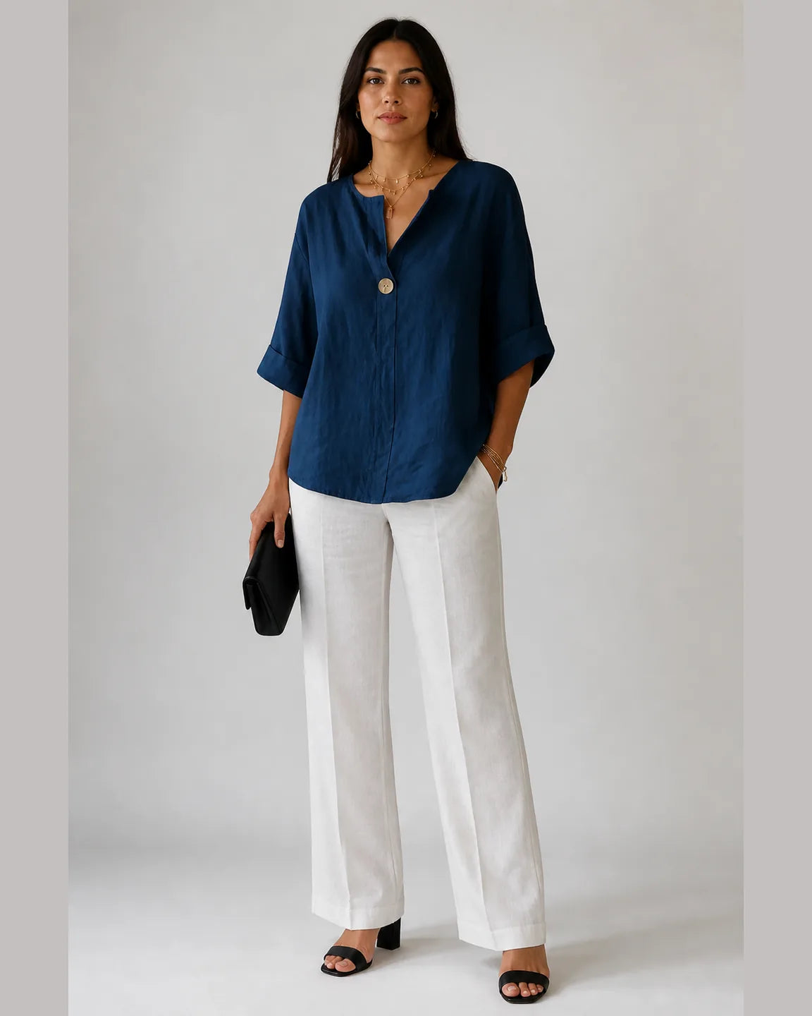 Elsa-Pearl Classic Blouse in Blue — full-body studio view