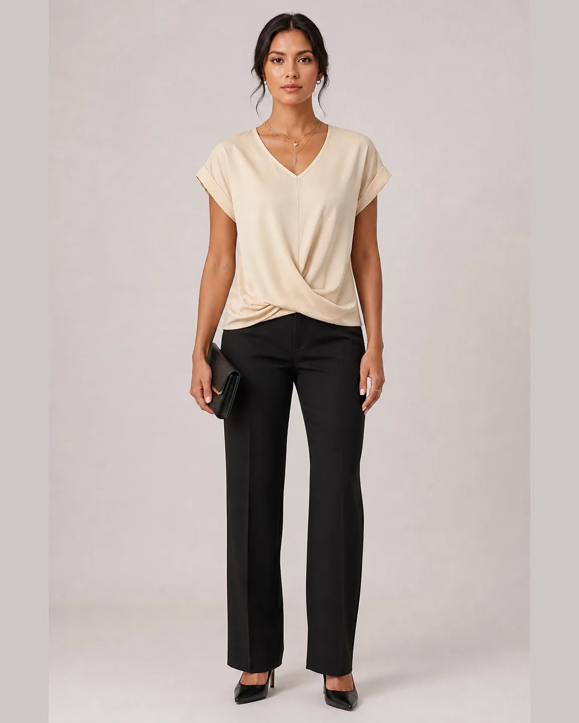Elsa-Rose Classic t shirt with v neckline in Apricot — full-body studio view