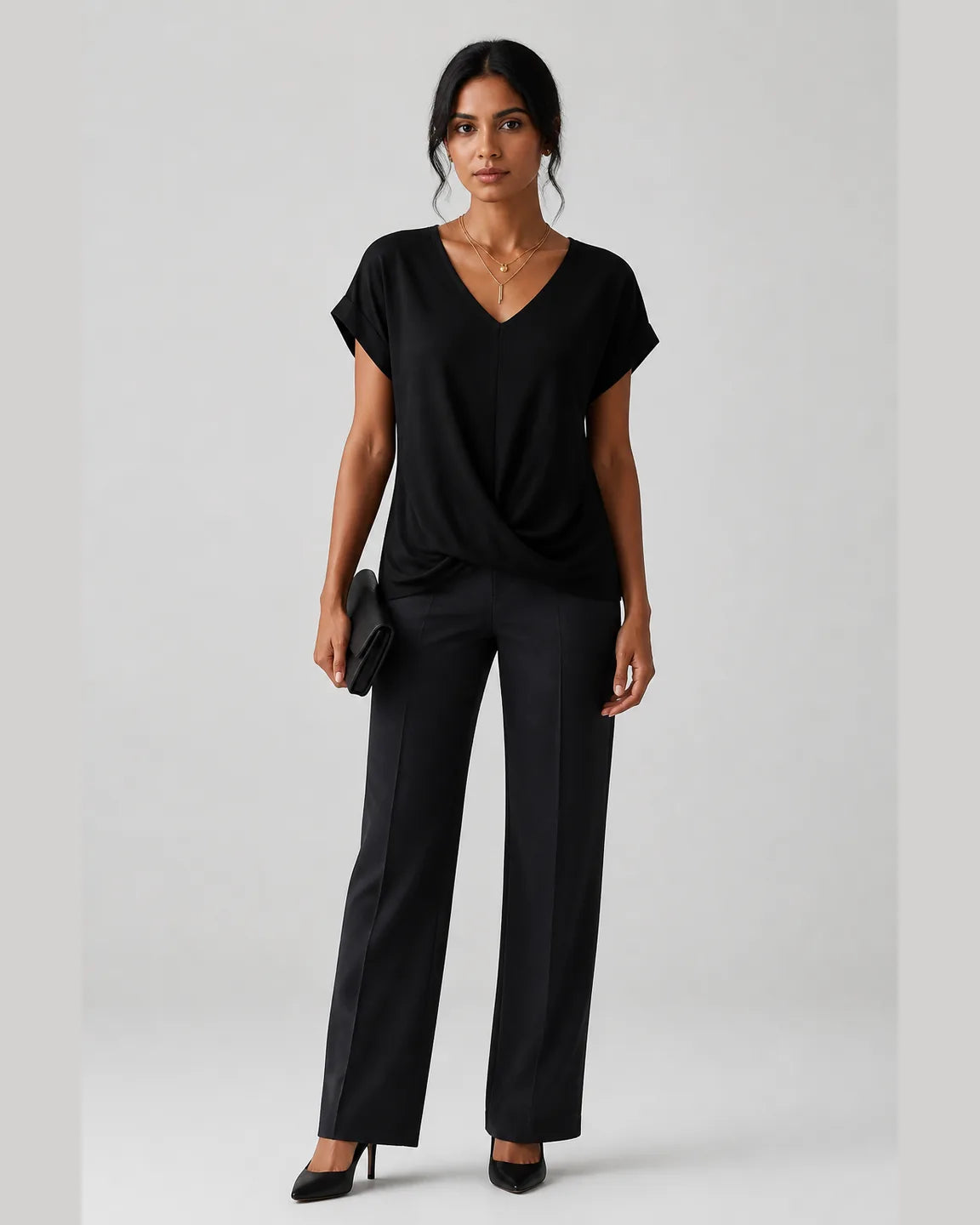 Elsa-Rose Classic t shirt with v neckline in Black — full-body studio view