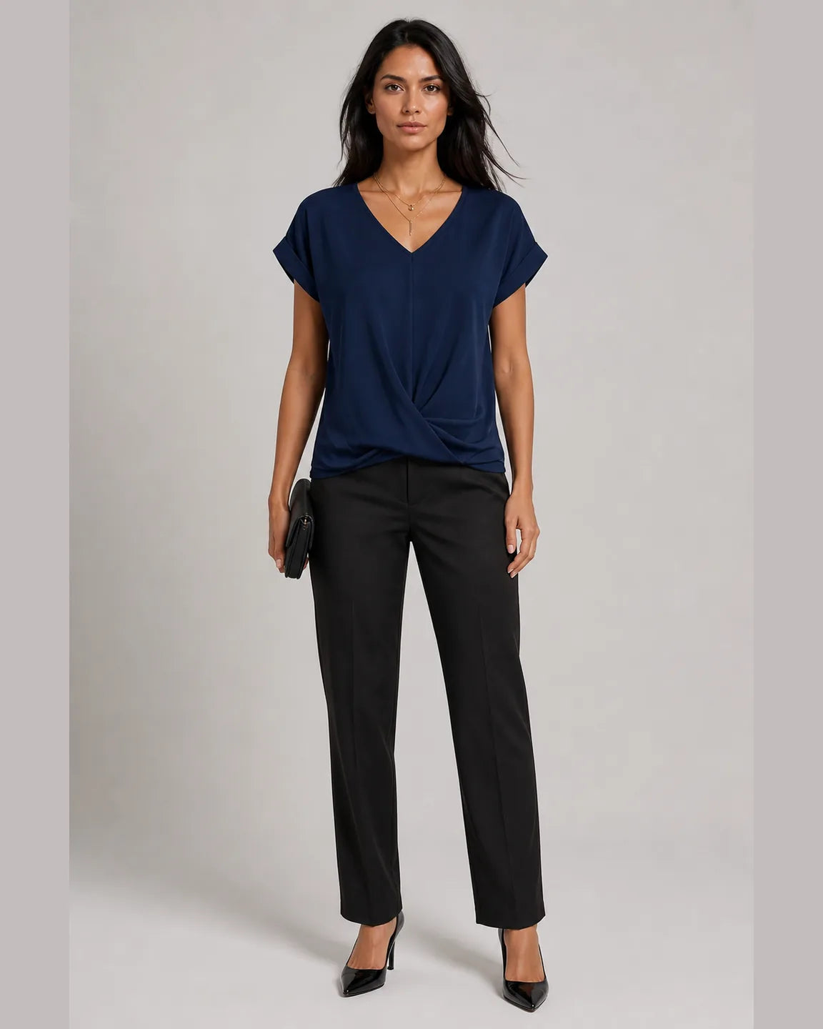 Elsa-Rose Classic t shirt with v neckline in Blue — full-body studio view