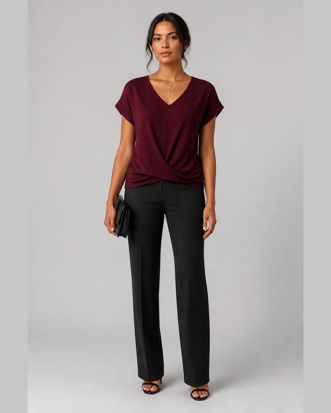 Elsa-Rose Classic t shirt with v neckline in Burgundy — full-body studio view