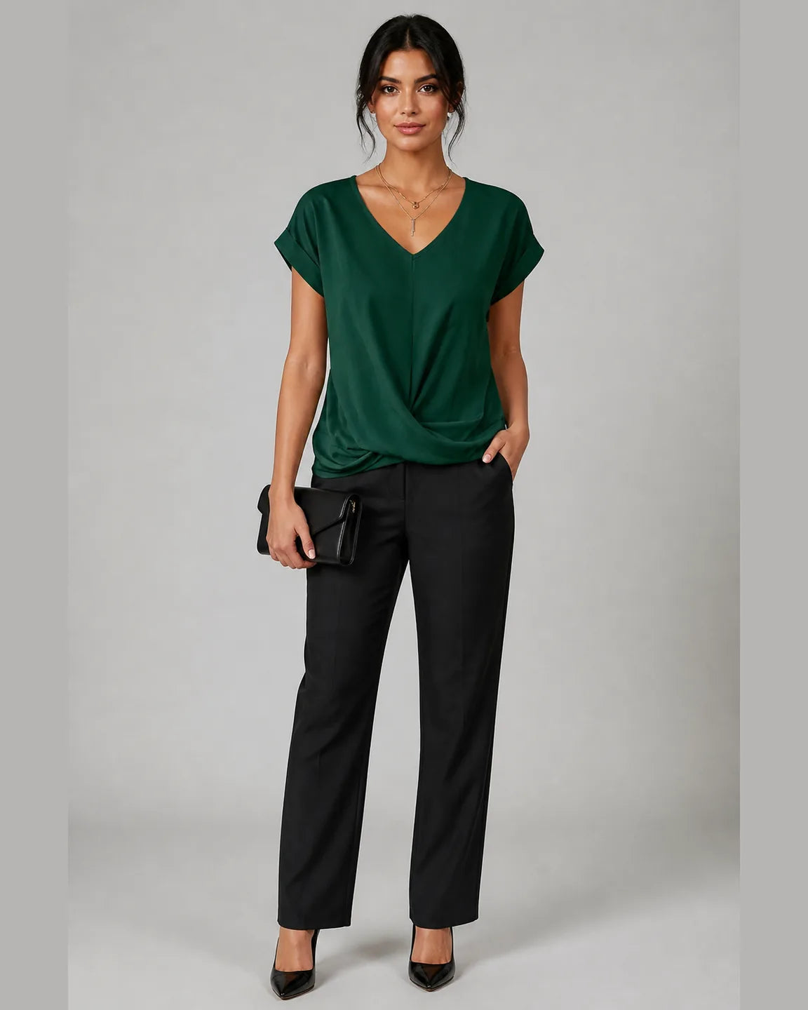 Elsa-Rose Classic t shirt with v neckline in Green — full-body studio view