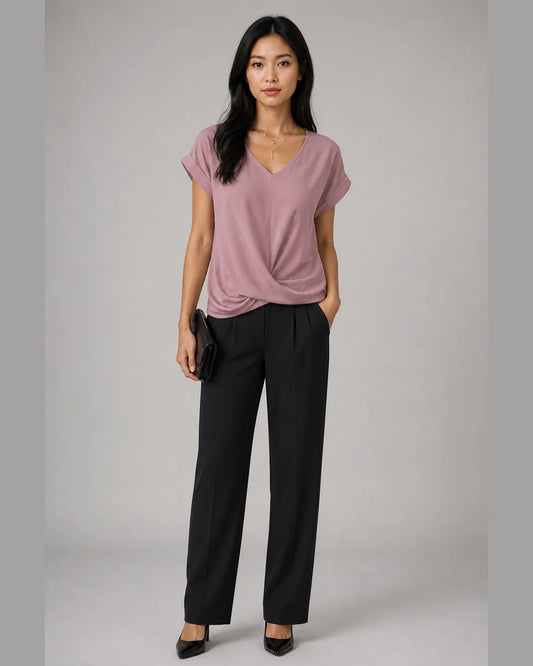 Elsa-Rose Classic t shirt with v neckline in Pink — full-body studio view