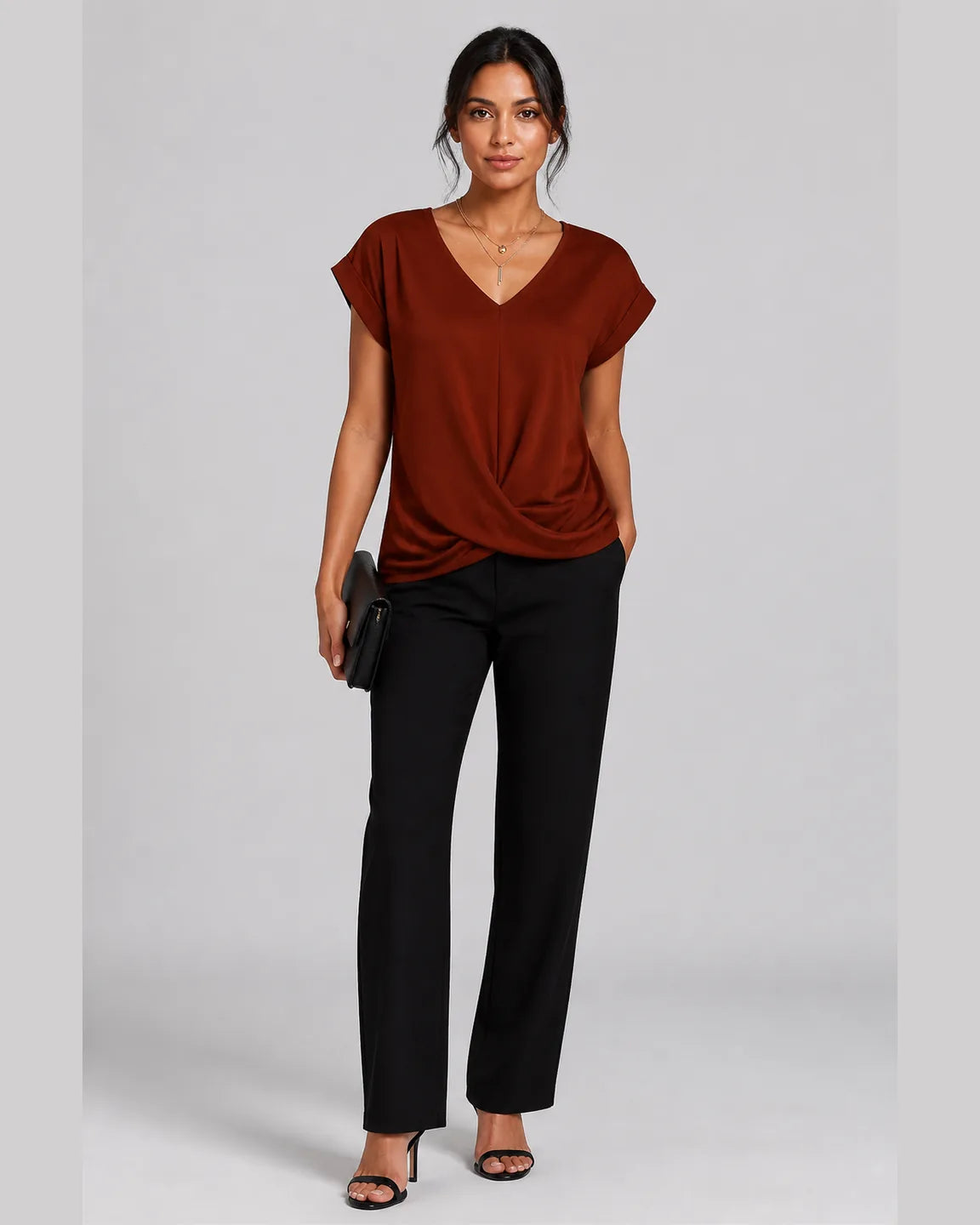 Elsa-Rose Classic t shirt with v neckline in Red — full-body studio view