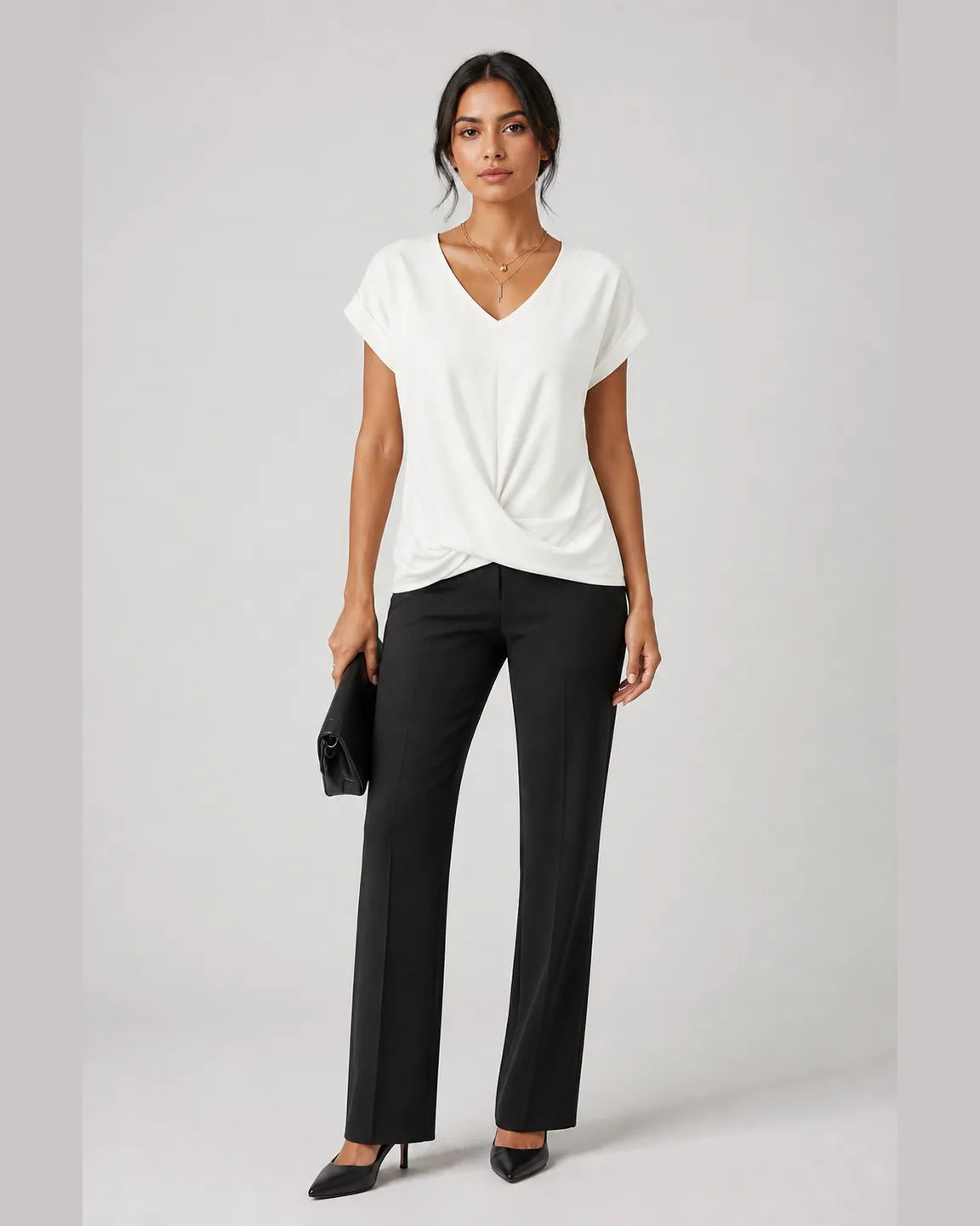 Elsa-Rose Classic t shirt with v neckline in White — full-body studio view
