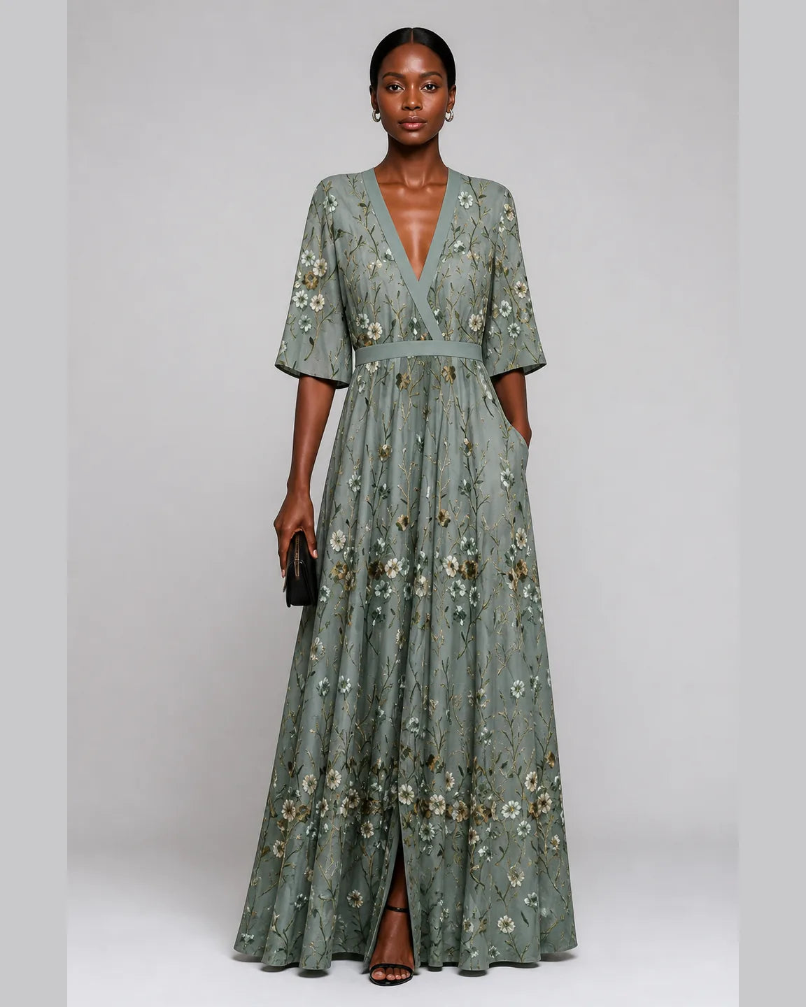 Esme-Belle Elegant long floral dress — full-body studio view