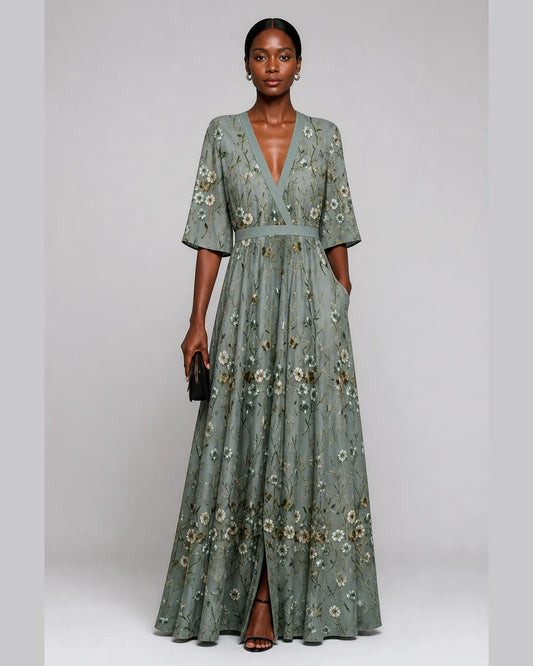 Esme-Belle Elegant long floral dress — full-body studio view