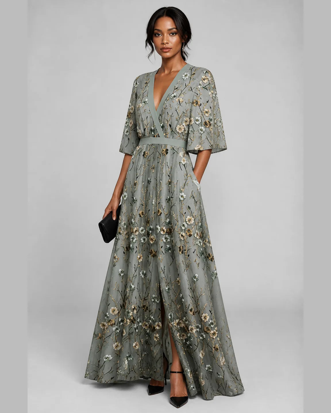 Esme-Belle Elegant long floral dress — three-quarter studio view