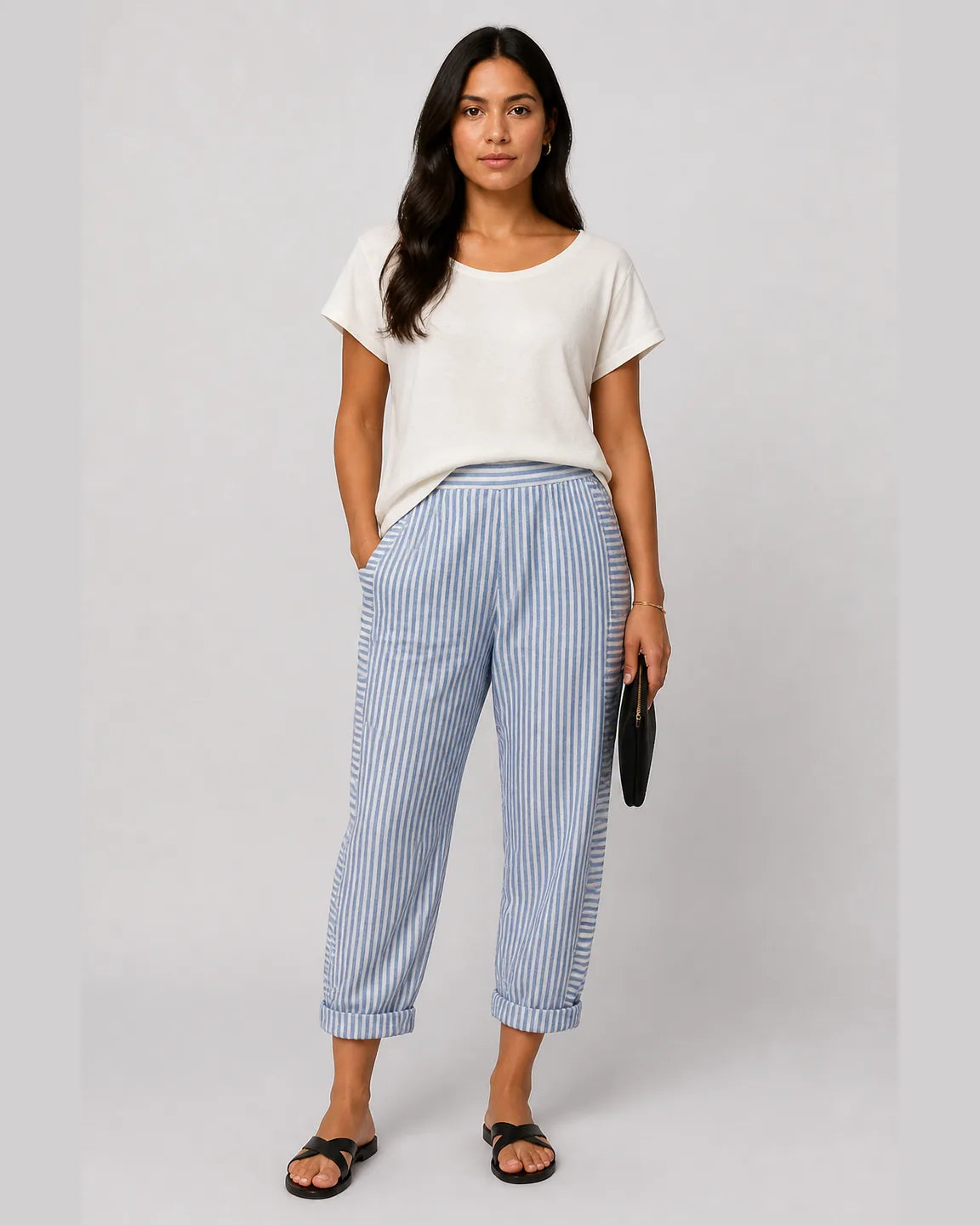 Esme-Faye Striped pants in Blue — full-body studio view