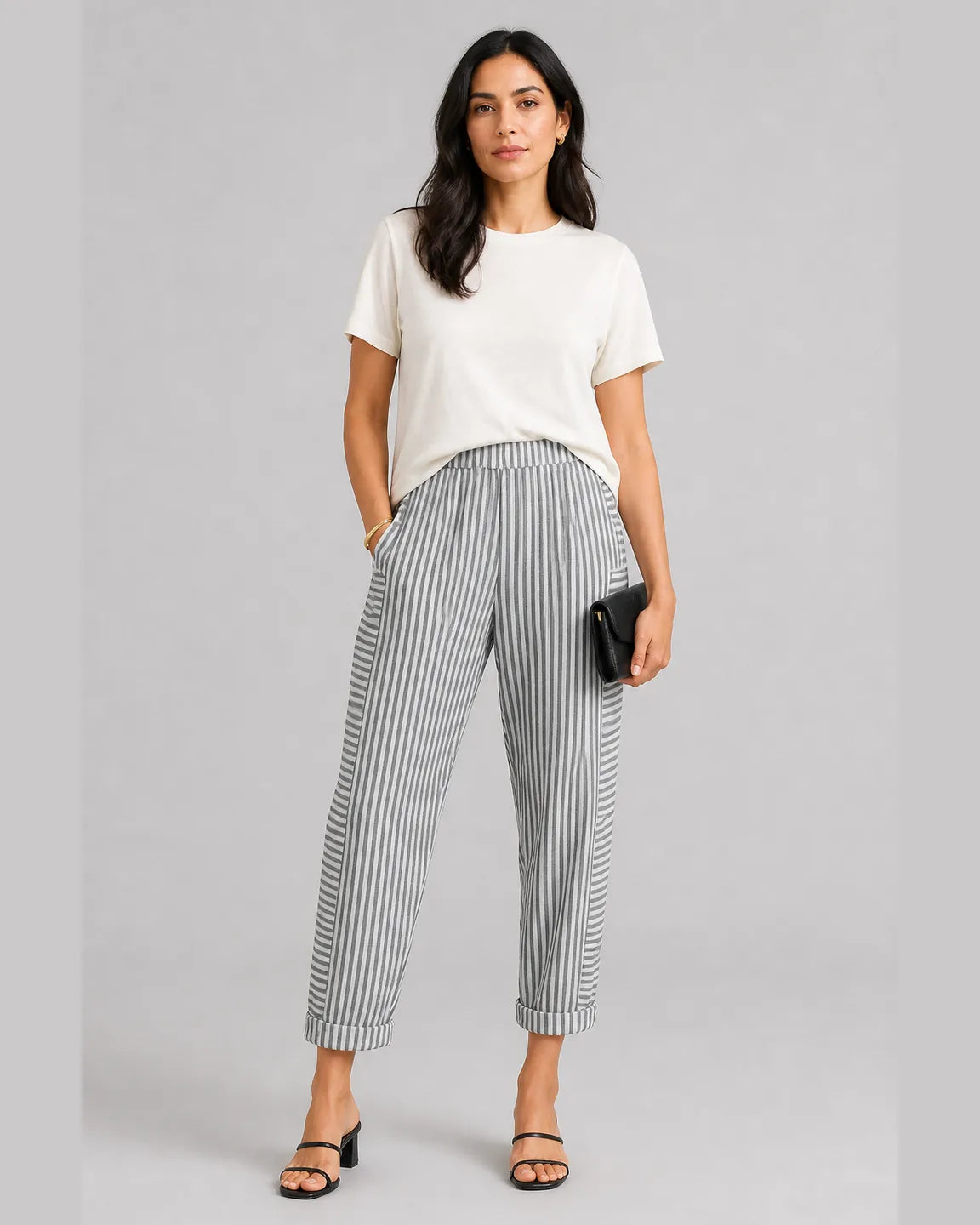 Esme-Faye Striped pants in Gray — full-body studio view