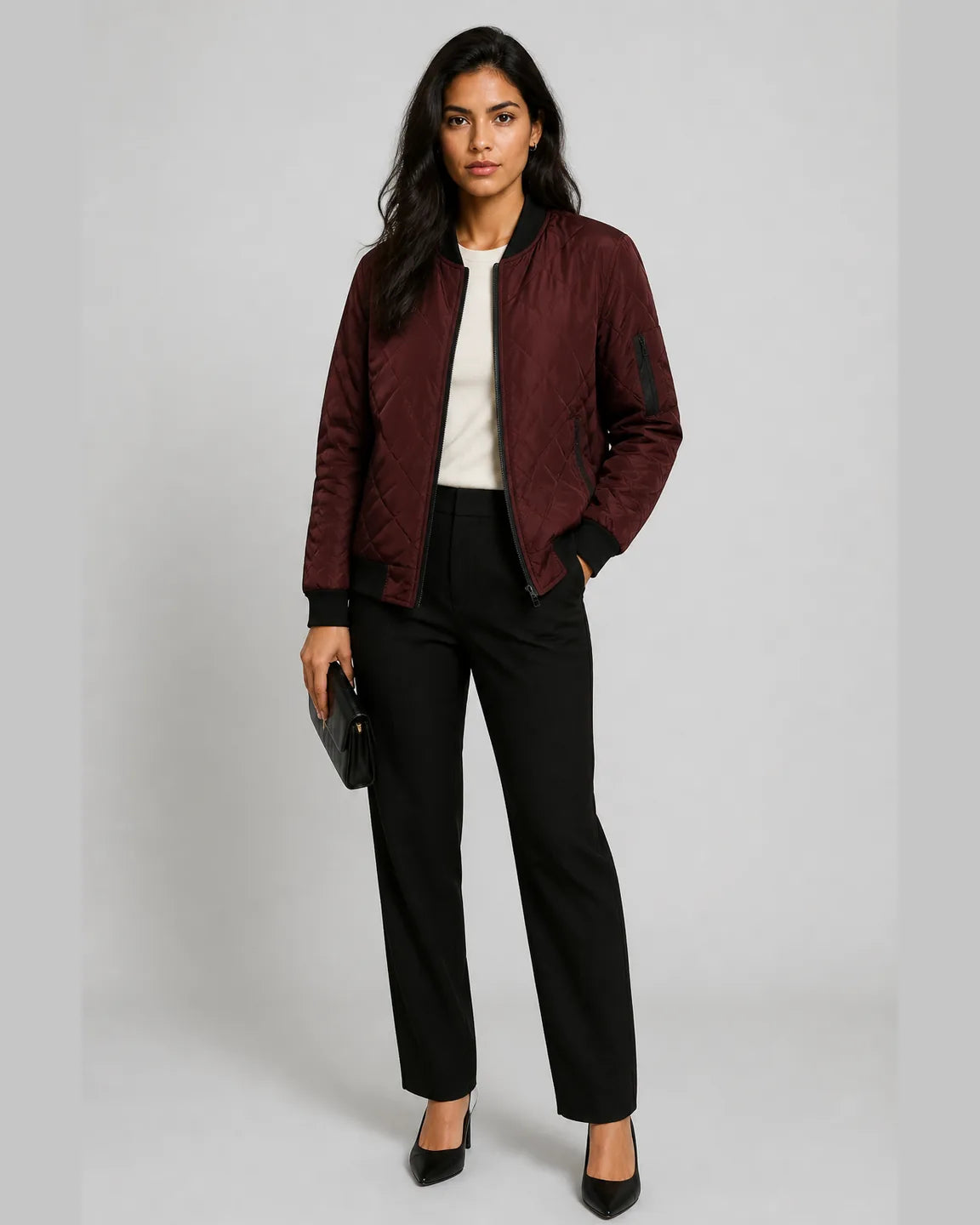 Esme-Mae Lightweight Spring Jacket in Burgundy — full-body studio view