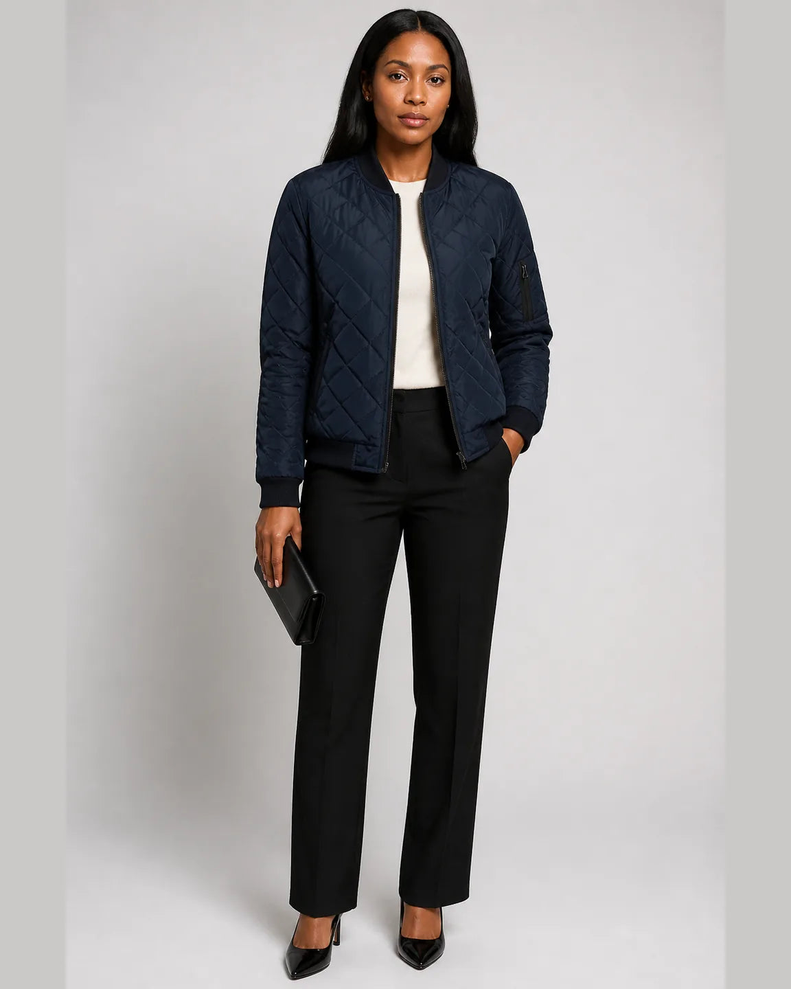 Esme-Mae Lightweight Spring Jacket in Navy Blue — full-body studio view