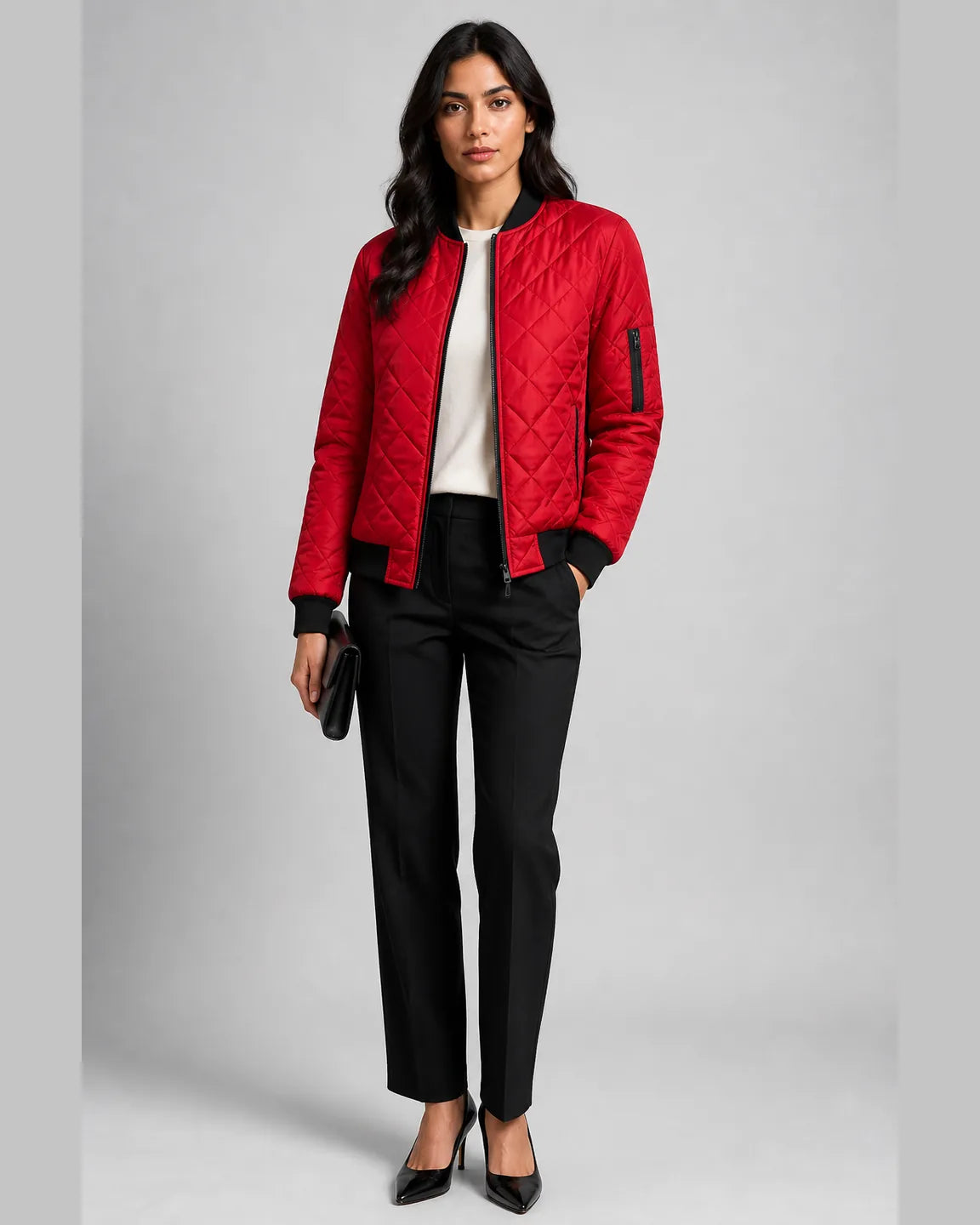 Esme-Mae Lightweight Spring Jacket in Red — full-body studio view