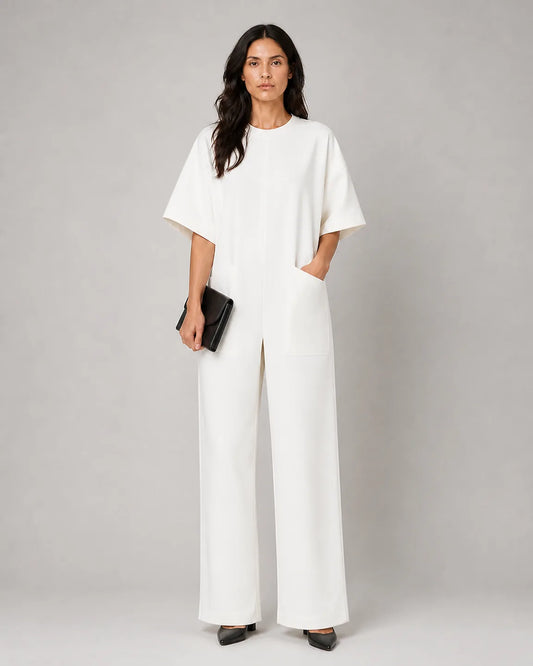 Estelle Elegant Short-Sleeve Jumpsuit in White — full-body studio view