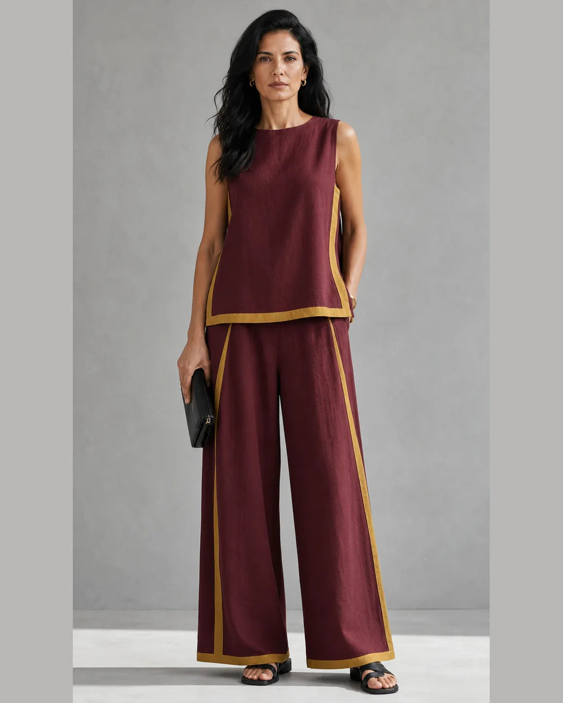 Etta-Belle Casual-Chic Two-Piece Set in Burgundy — full-body studio view