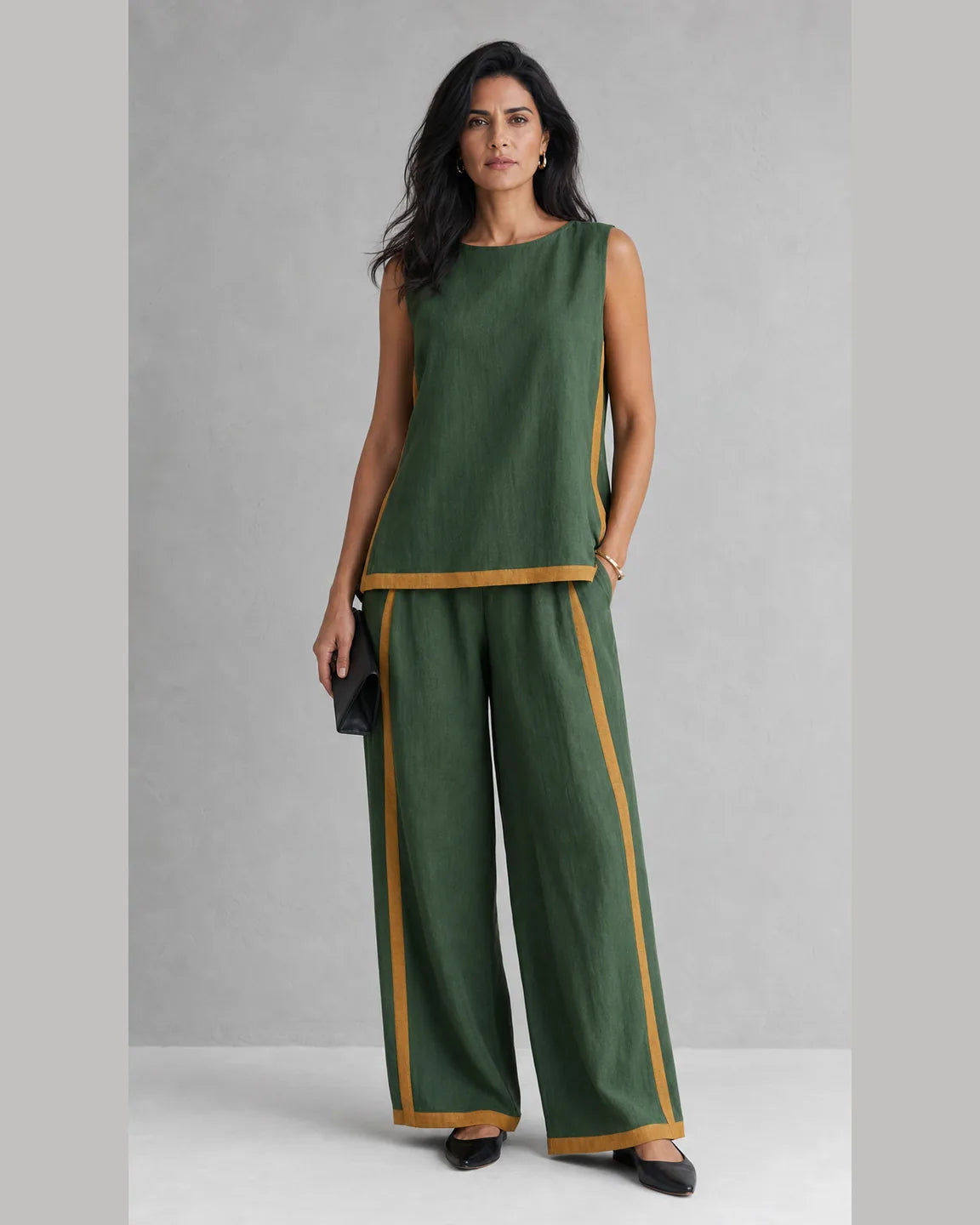 Etta-Belle Casual-Chic Two-Piece Set in Green — full-body studio view