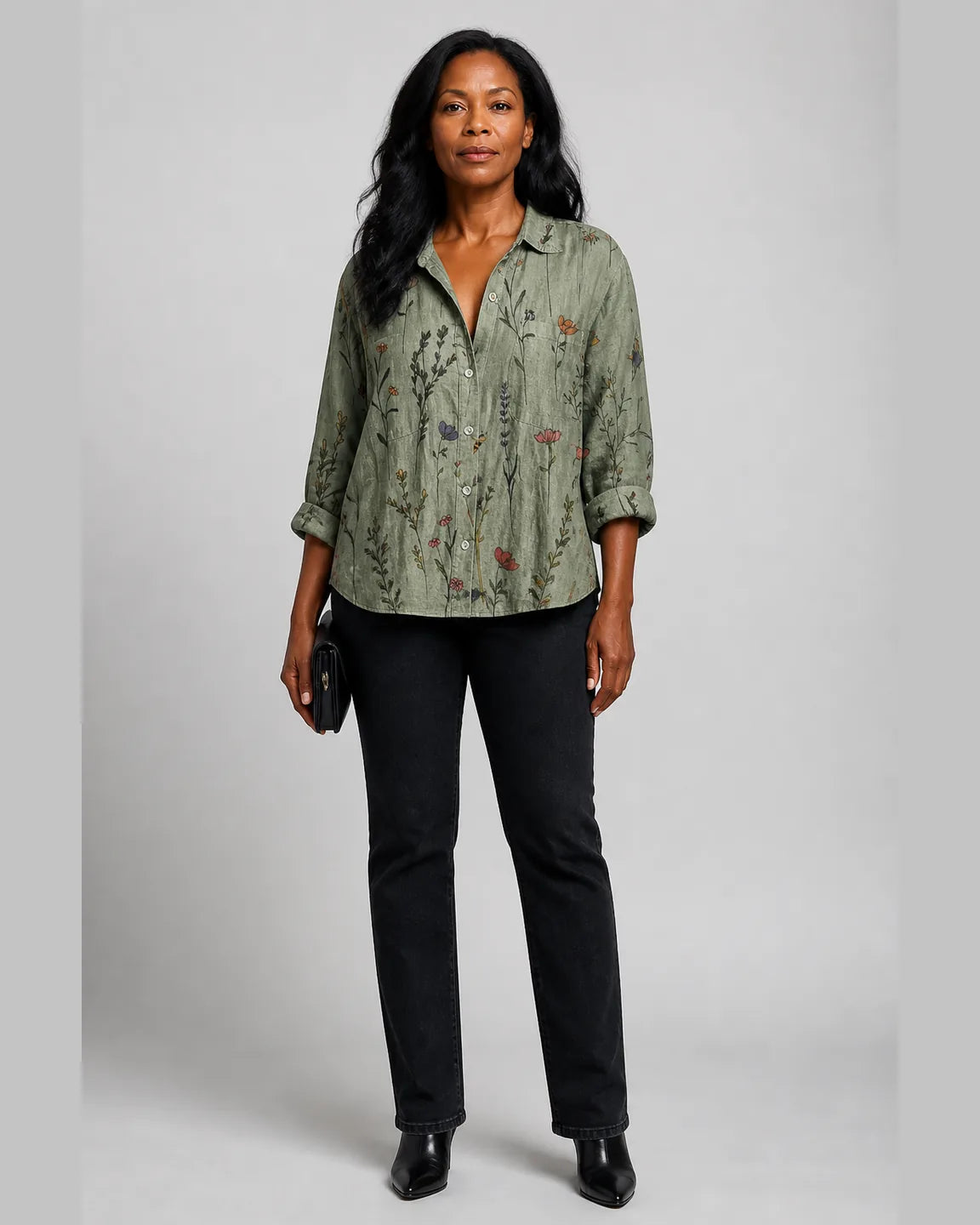 Etta-Faye Vintage Printed Blouse in Green — full-body studio view