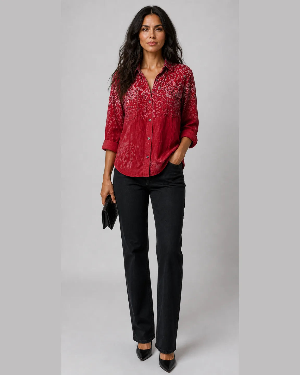 Etta-Faye Vintage Printed Blouse in Red — full-body studio view
