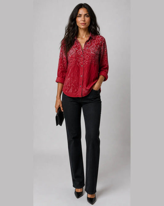 Etta-Faye Vintage Printed Blouse in Red — full-body studio view