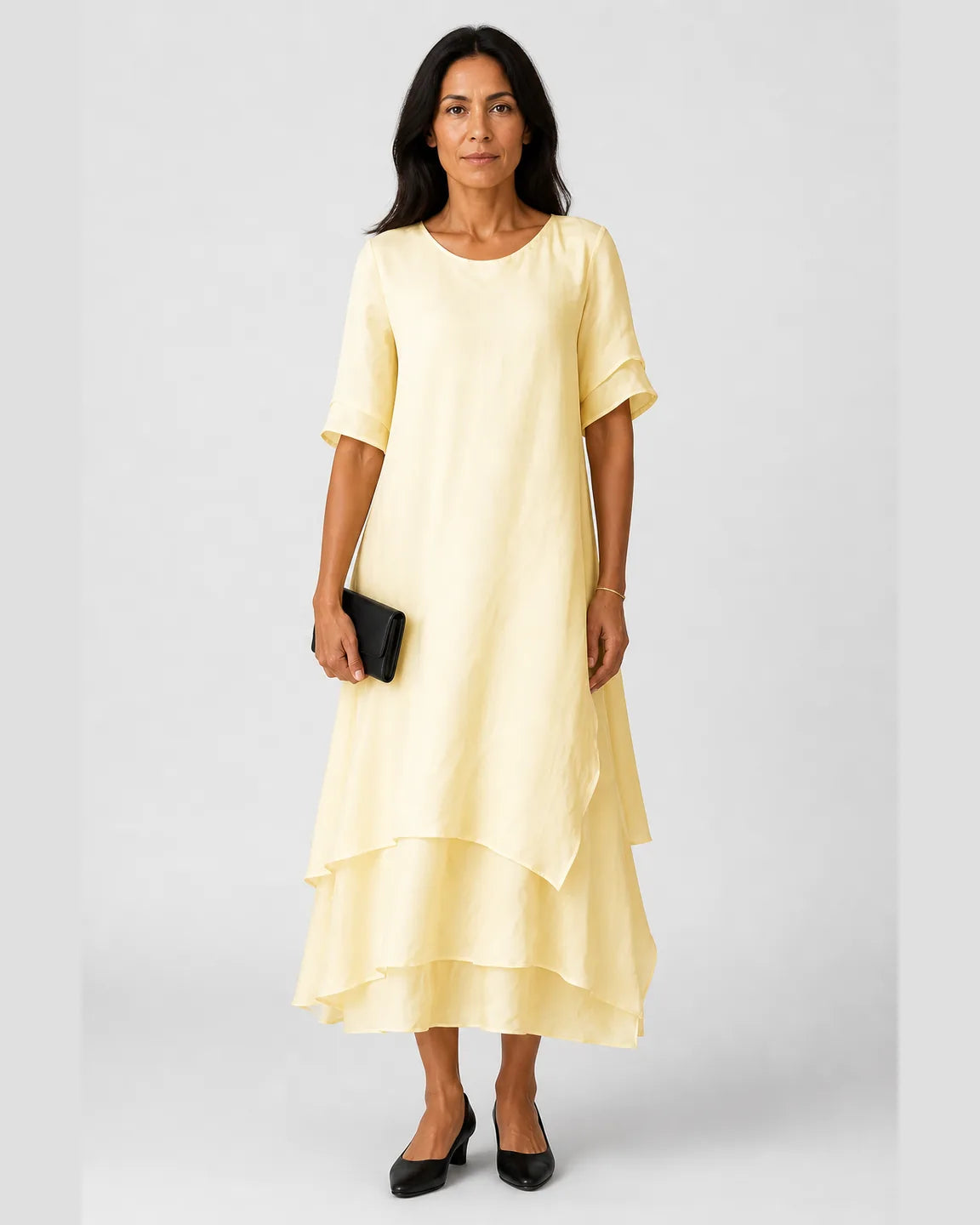 Etta-Grace Elegant Loose Dress in Yellow — full-body studio view
