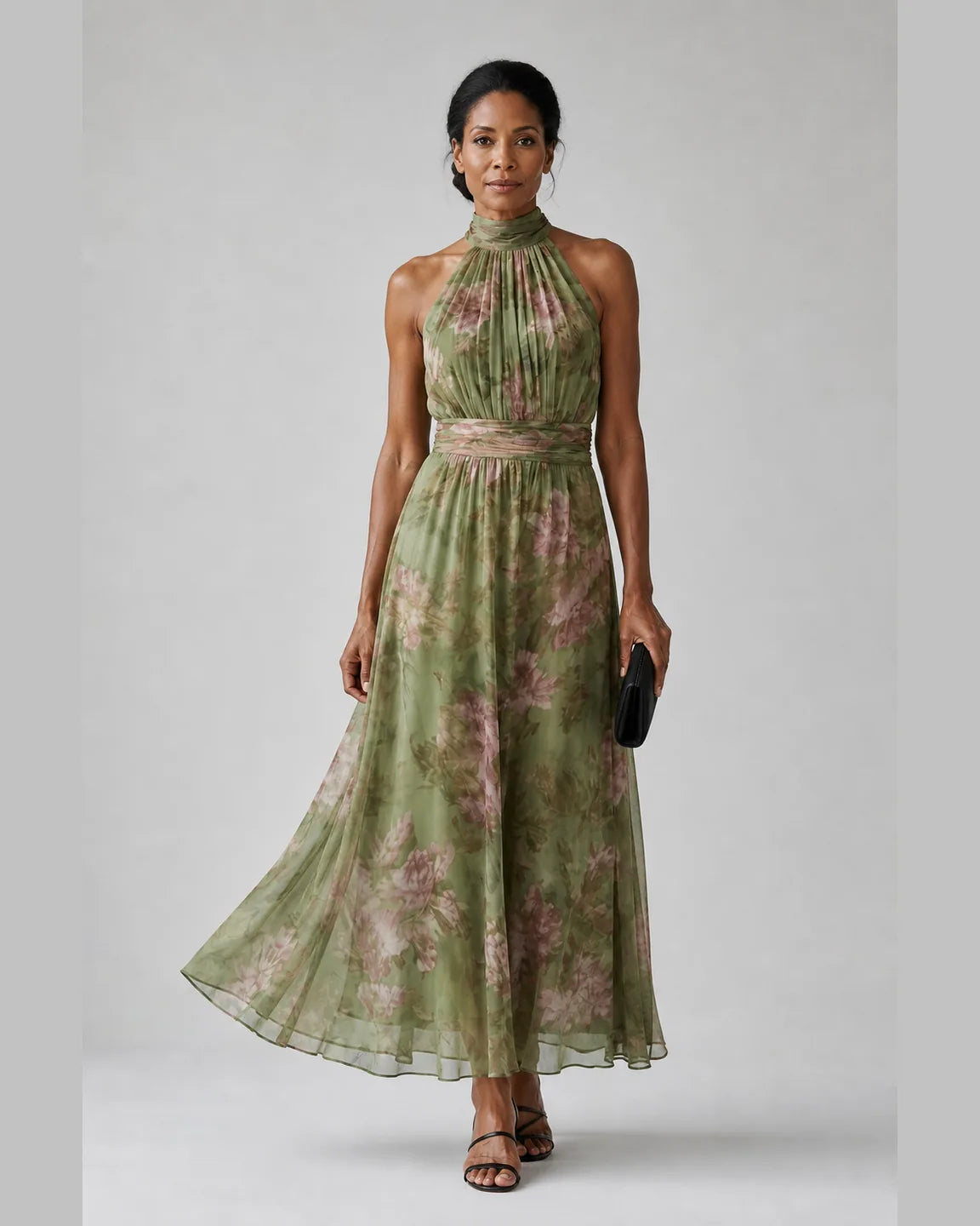 Etta-June Gathered Halter Midi Dress — full-body studio view